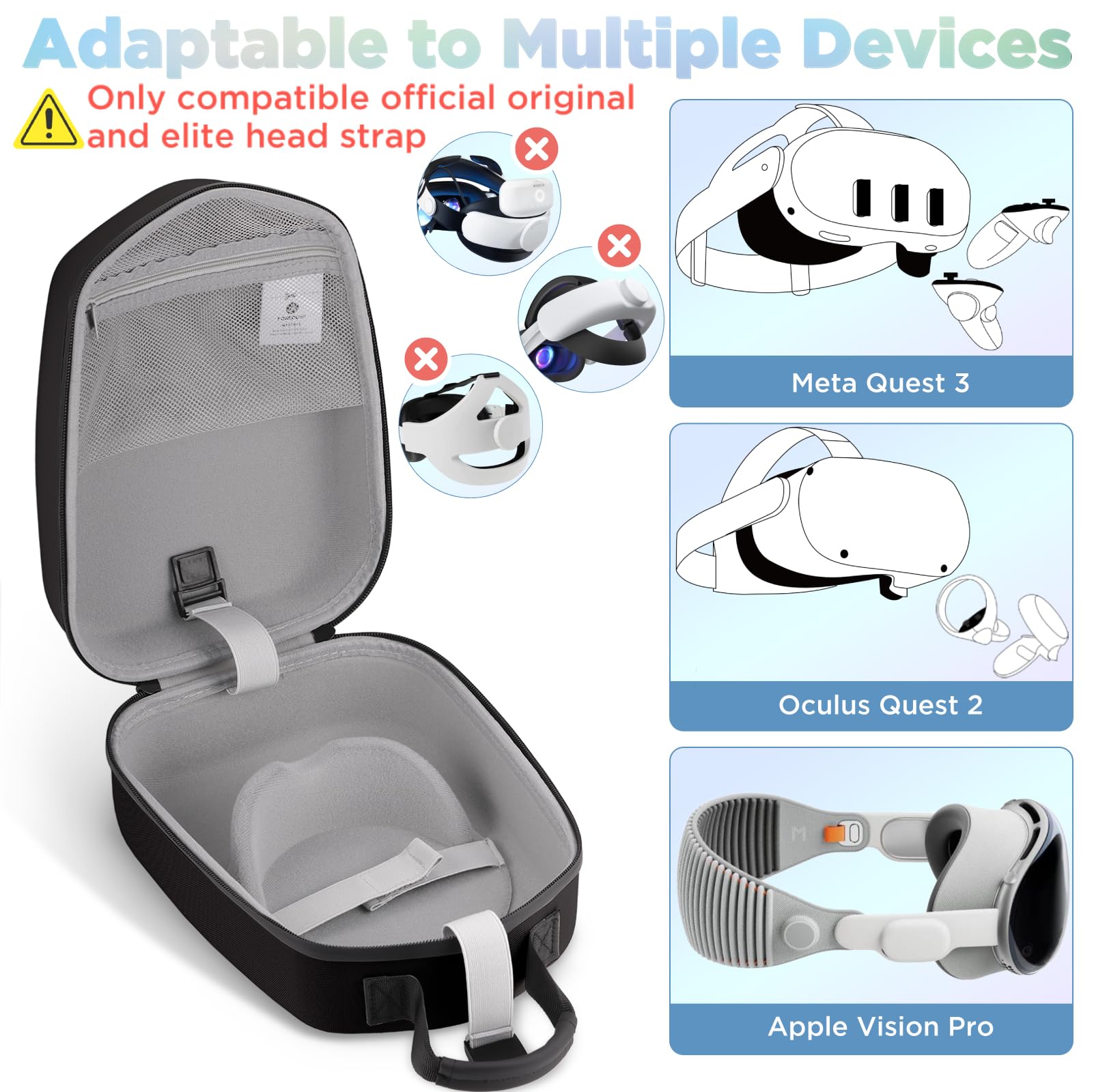 FOREGOER Hart Tragetasche kompatibel mit Oculus Meta Quest 3/Quest 3S/Quest 2/Vision Pro mit Elite Strap für VR Gaming Headset und Touch Controllers Zubehör, Lagerung Reisen (Schwarz) - 3