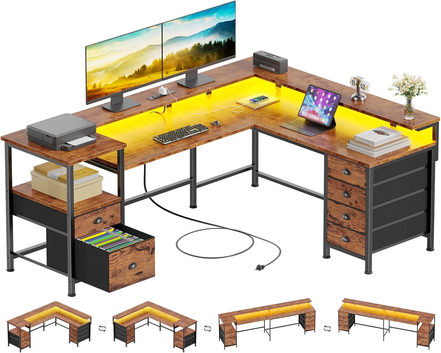 Furologee 66" Reversible L Shaped Gaming Desk with 6 Drawers & Printer Storage Shelves, Corner Computer Desk with Power Outlets & LED Lights, Home Office Table with Monitor Stand, Rustic Brown