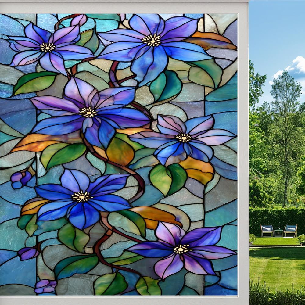 Retro Flower Frosted Window Film, Branch Leaves Plants Stained Glass Privacy Film, Heat Insulation Self-Adhesive Vinyl for Bathroom Office, （90x160cm）