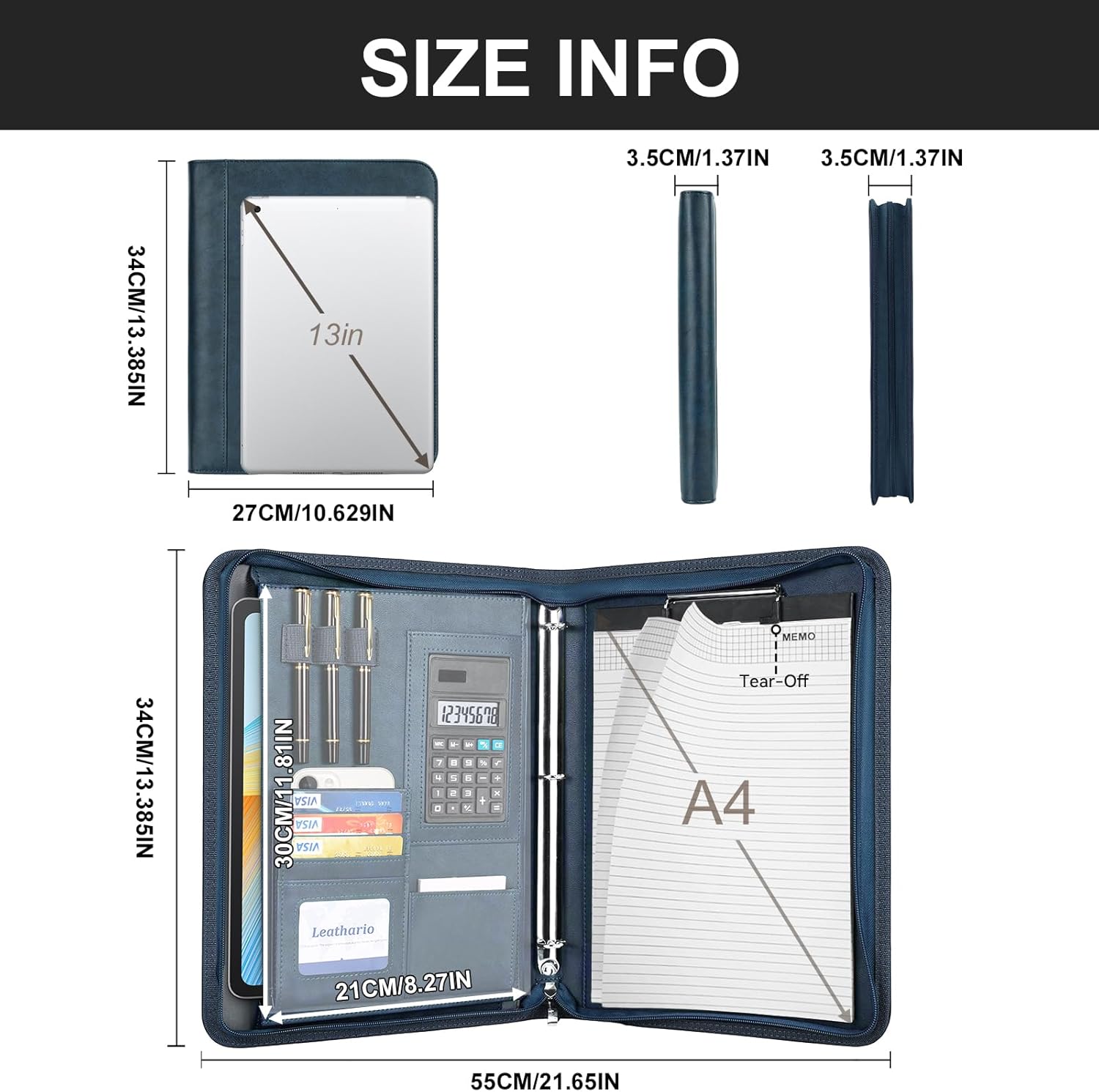 Leathario Portfolio Binder, 3-Ring Folder Organizer, Includes 5 Sheet Protectors and a Pen, Vegan Leather A4 Padfolio for Tablets, Business Conferences Professional Document Organizer