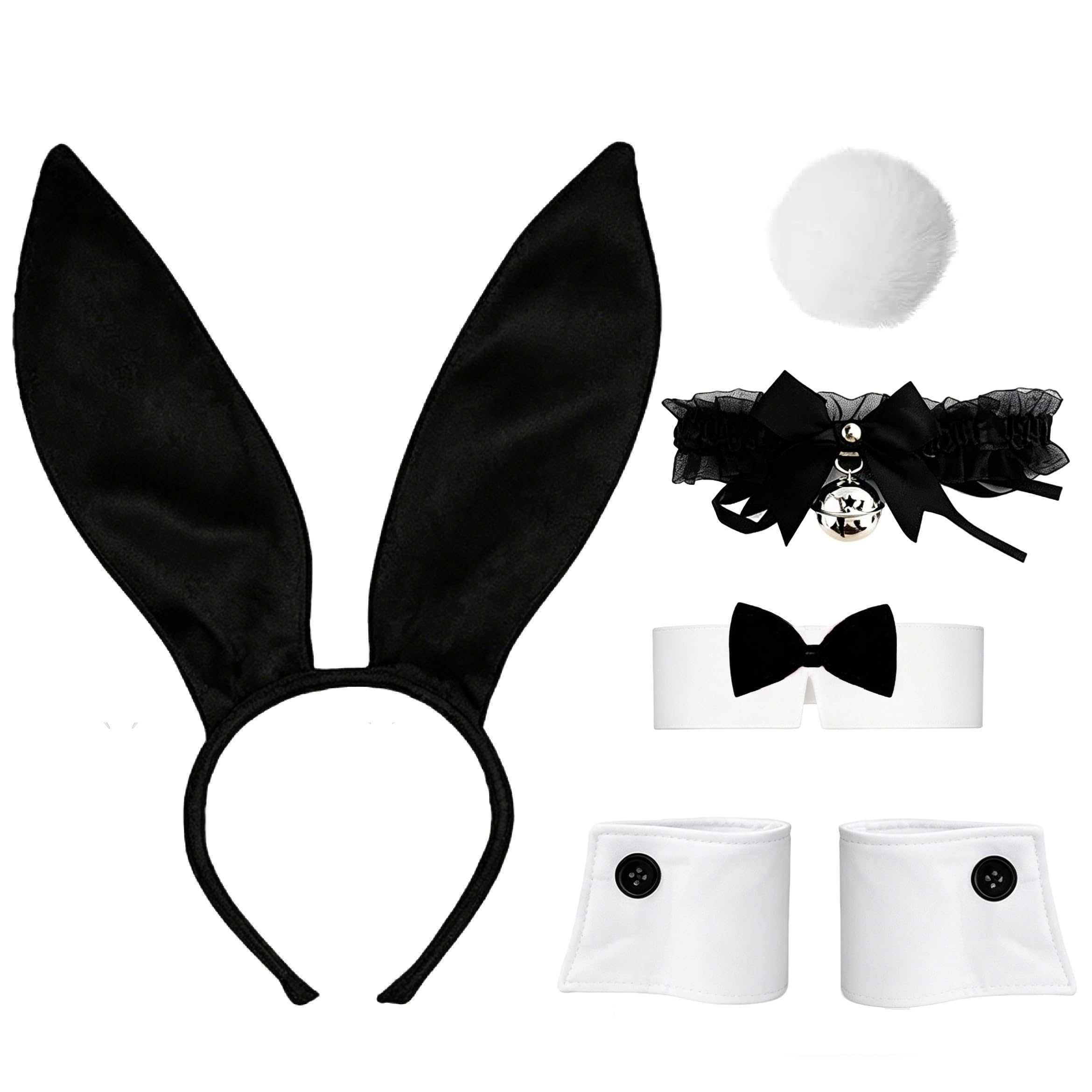 Rabbit Ear Headband,Bunny Costumes Set for Women,Pom-Pom Tail,Bow Tie,Bell Lace Neckline Knot Kit