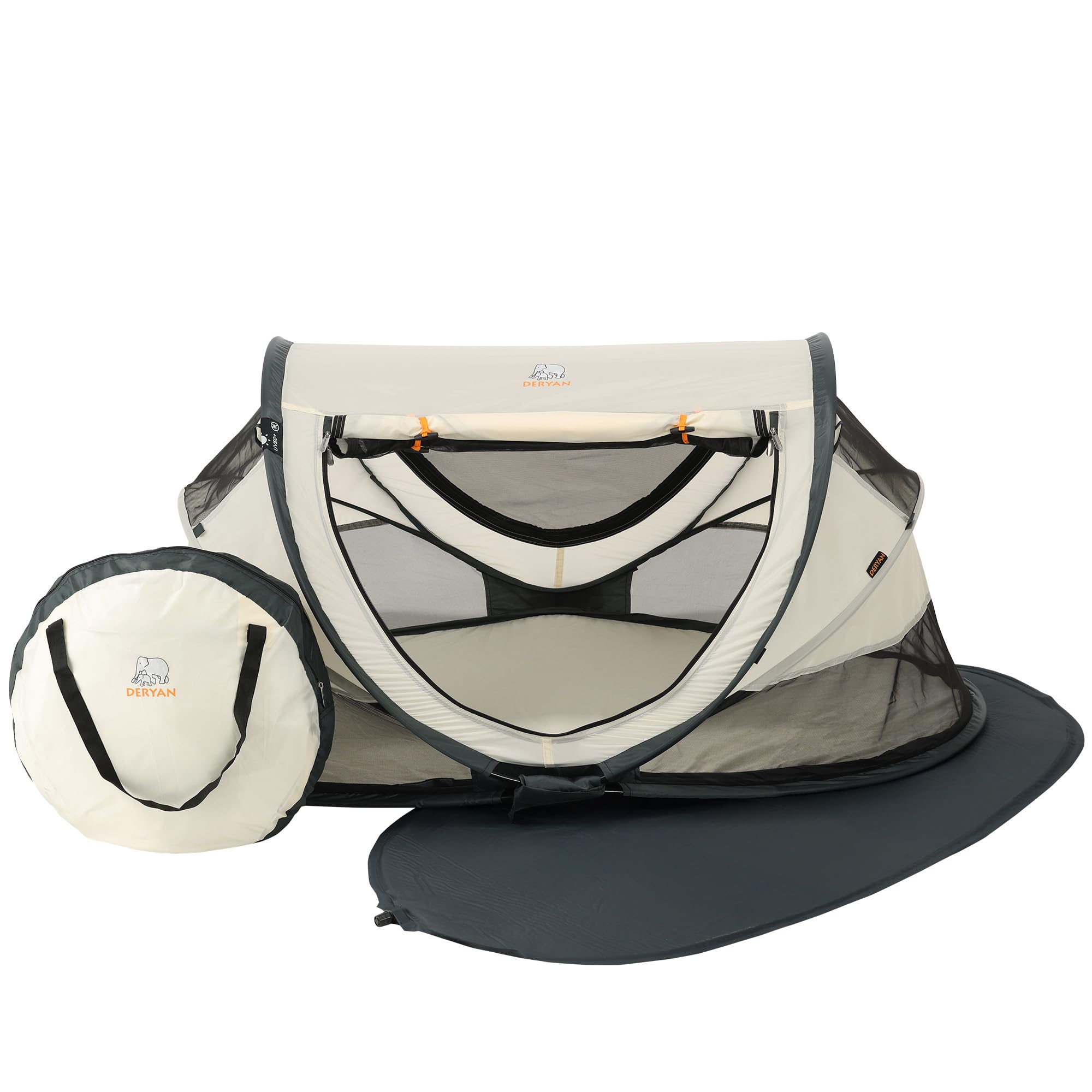 Deryan Baby & Kinder Reisebett mit Matratze - ab Geburt bis 4,5 Jahre, Pop Up Kleinkindbett Babyzelt in 2 Sekunden aufgestellt, inkl. Moskitonetz & Reisetasche, Schnell & Kompakt Faltbar, Creme
