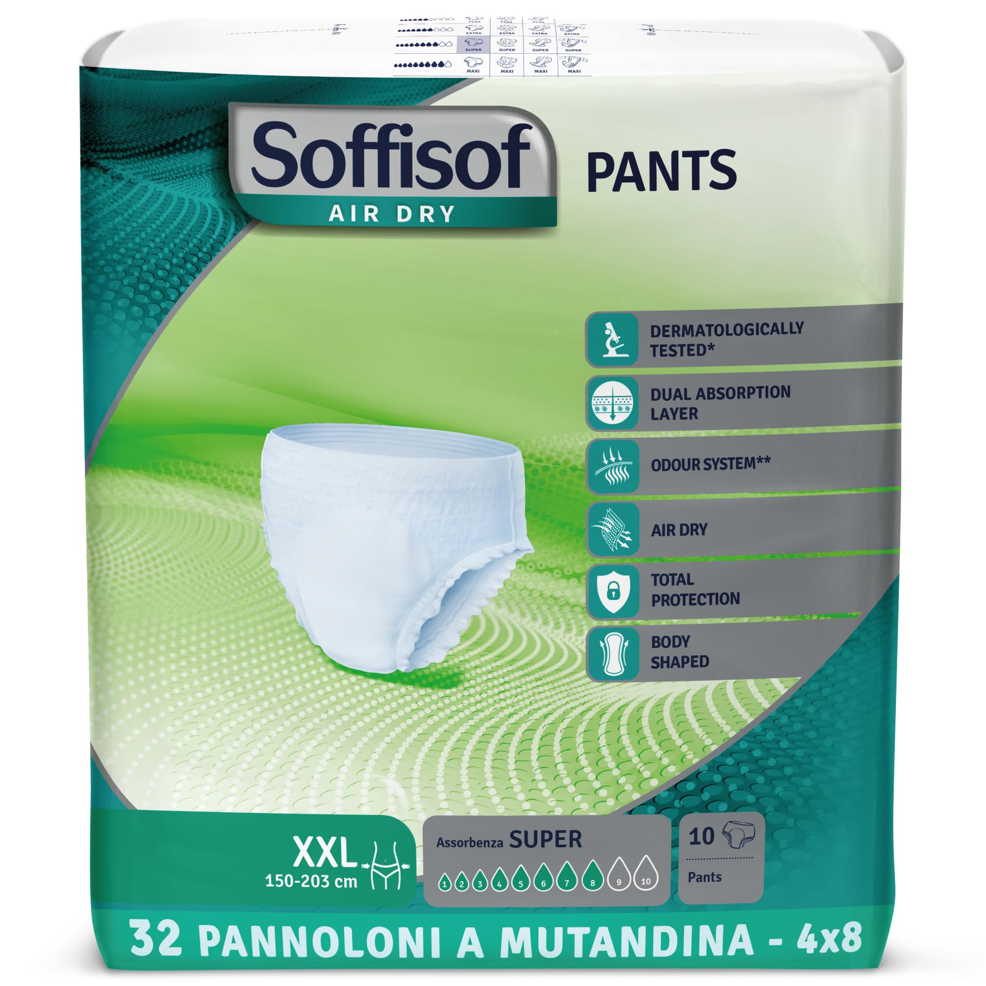 Soffisof Air Dry Pants Super XXL - 40x Pannoloni per Anziani a Mutandina - 4 Confezioni da 10 Mutande Assorbenti per Incontinenza Donna e Uomo - Pants Adulti 8 Gocce - XX-Large (150-203 cm)