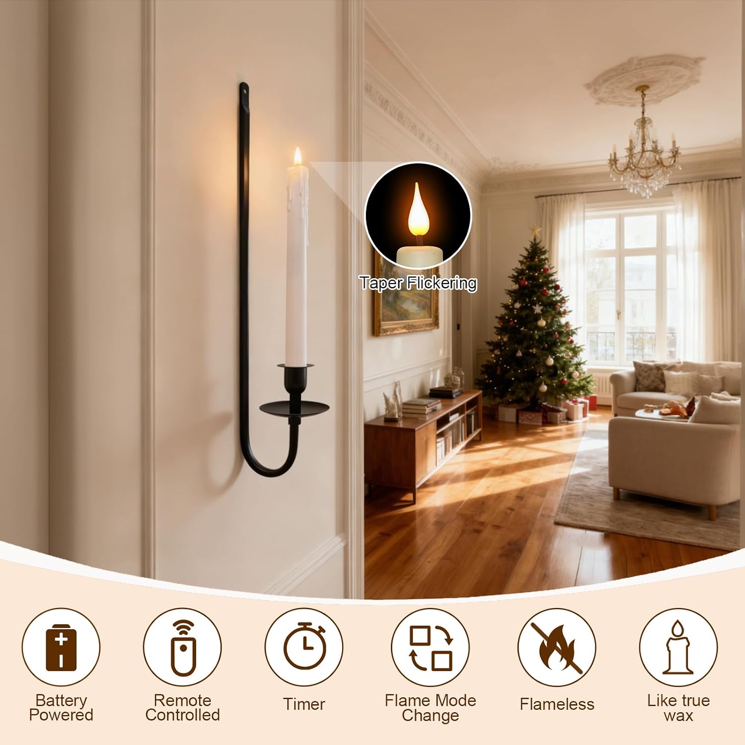 Candle Wall Sconces Set of 2, Flameless Candles Black Wall Candle Holders with Remote Control, Battery Operated Home Decor for Living Room, Fireplace, Dining Room, Entryway, Stair Corner