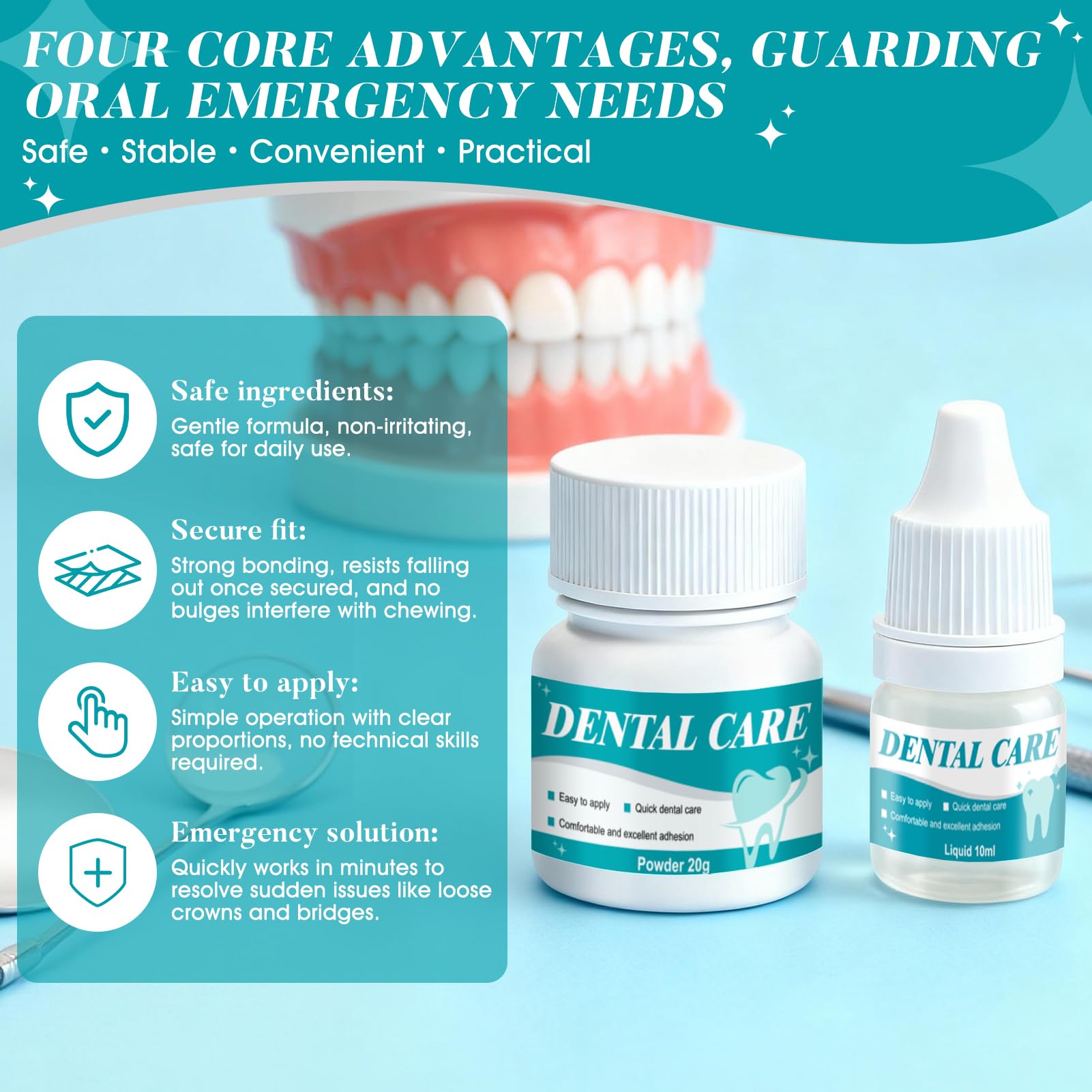 Cemento Dental Adhesivo para Caries Empastes Puentes Coronas Rellenos Secado Rápido 4 Piezas