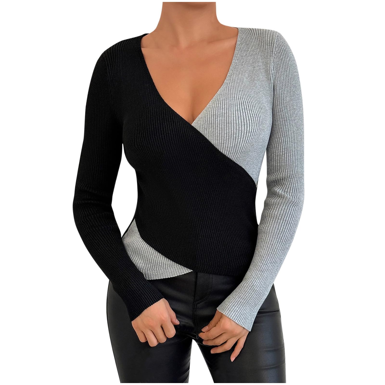 2025 Slim Fit Tops for Women Fashion Colorblock Criss Cross V Neck Blouse Long Sleeve Wrap Knit Sweater