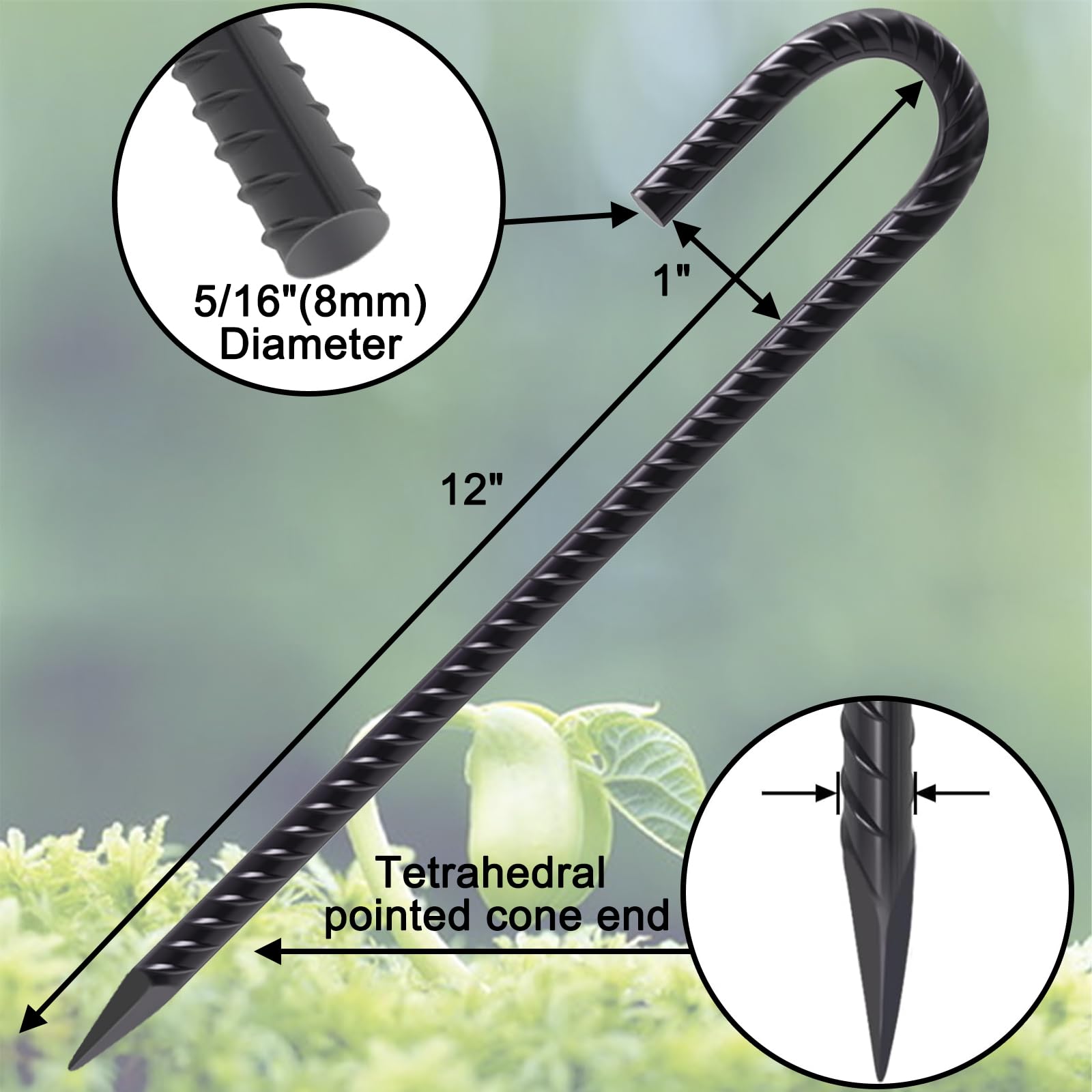 VVOKGO Bewehrungsstäbe, 30,5 cm, J-Haken, robuste Kettenglied-Zaunpfähle, 32 Stück, Metall, lange Zeltspikes, Bodenanker für Drahtzaun, Hundegraben, Campingzelte, Schaukeln, Gewächshaus, Schwarz