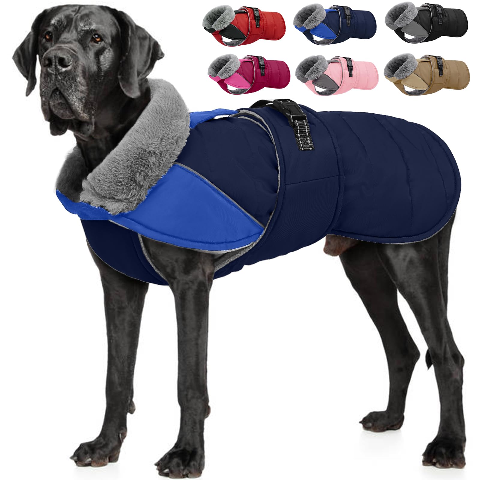 Nanaki Large Dog Coat Rainproof-Warm Giant Breed Dog Jacket With Leash Hole, Fleece Lining Reflective Great Dane Winter Coat Doberman Jacket For Cold Weather Outdoor Walking Hunting, Camping, Blue 3XL