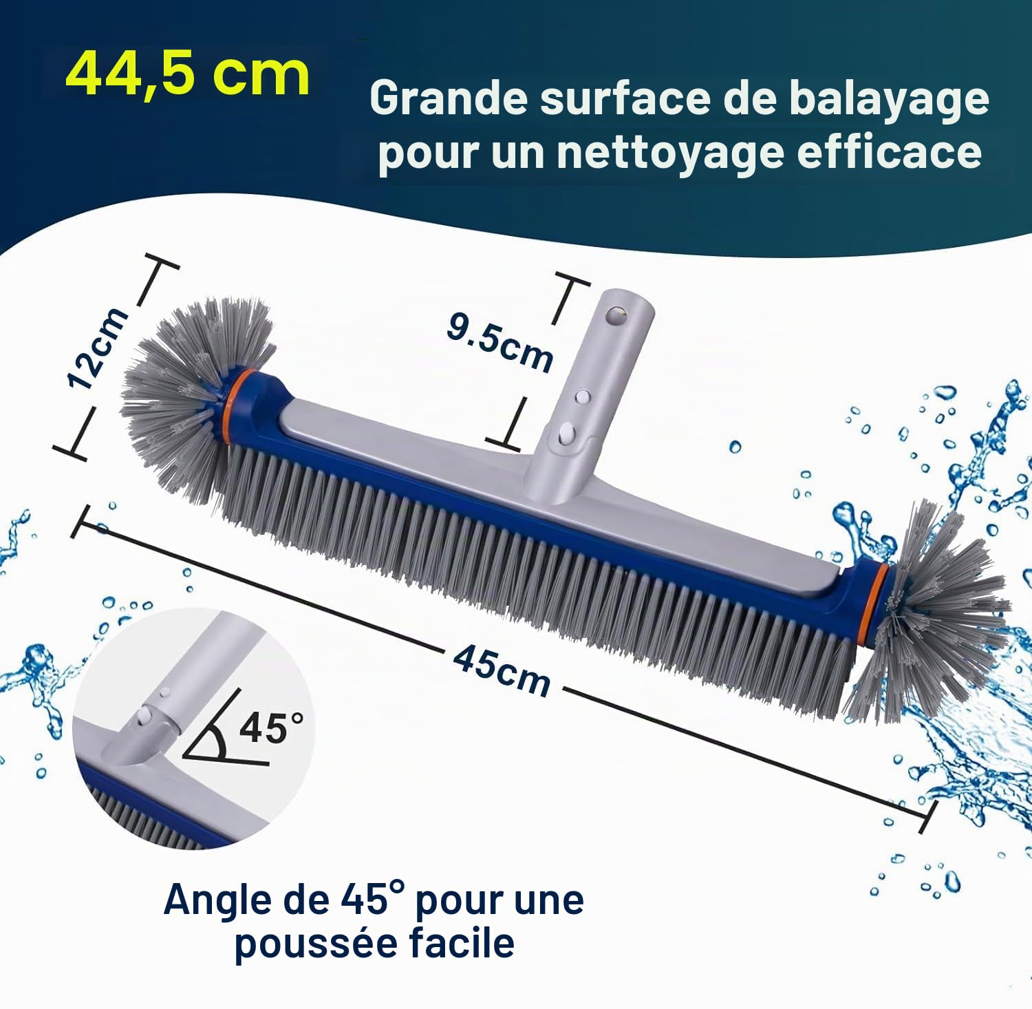 PooLiFE Brosse de piscine de 17,5" avec extrémités rondes pour mur et carrelage avec dos en aluminium renforcé, brosse de qualité supérieure avec poils solides