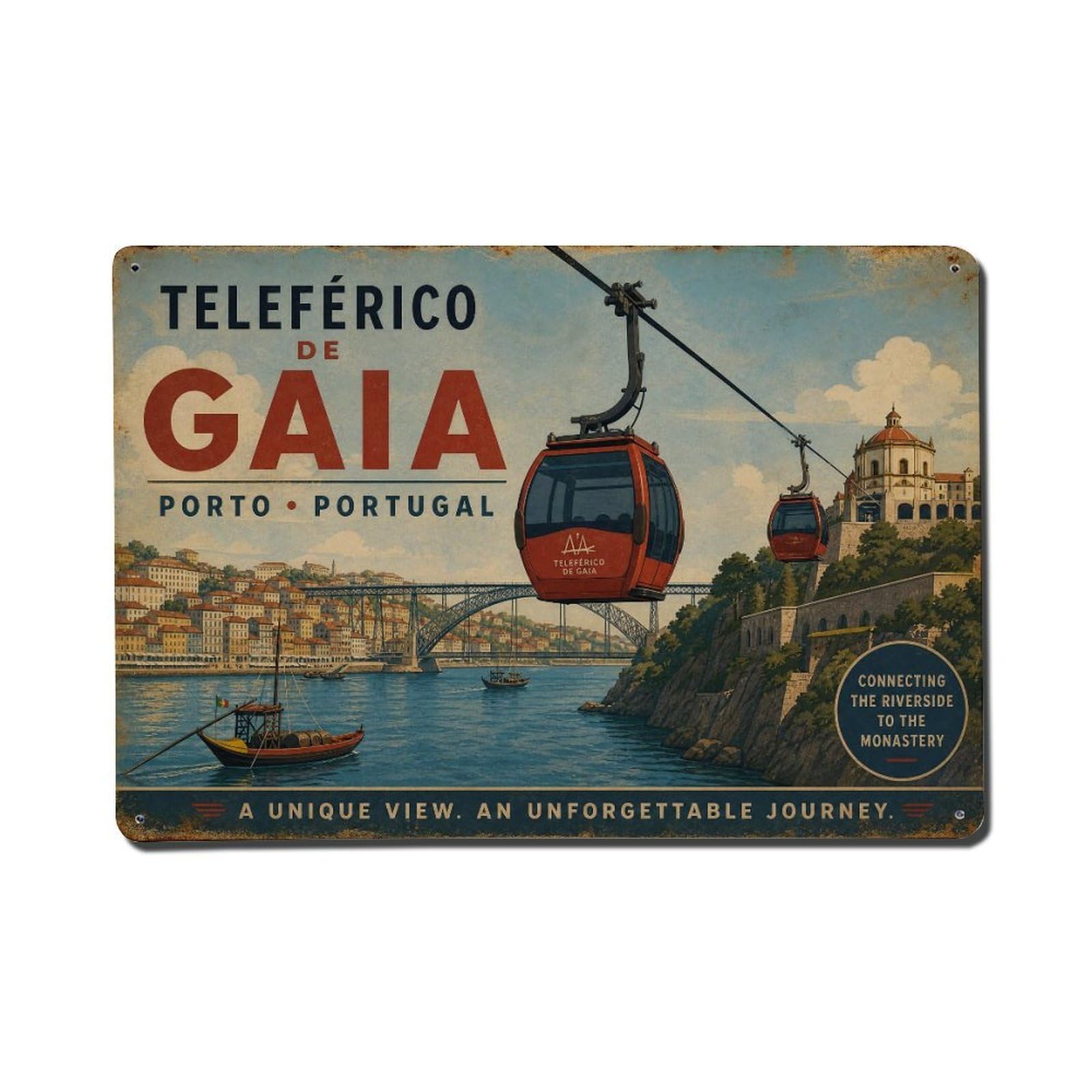 Vintage Travel Gaia Cable Car Teleferico River View Portugal Metal Tin Sign