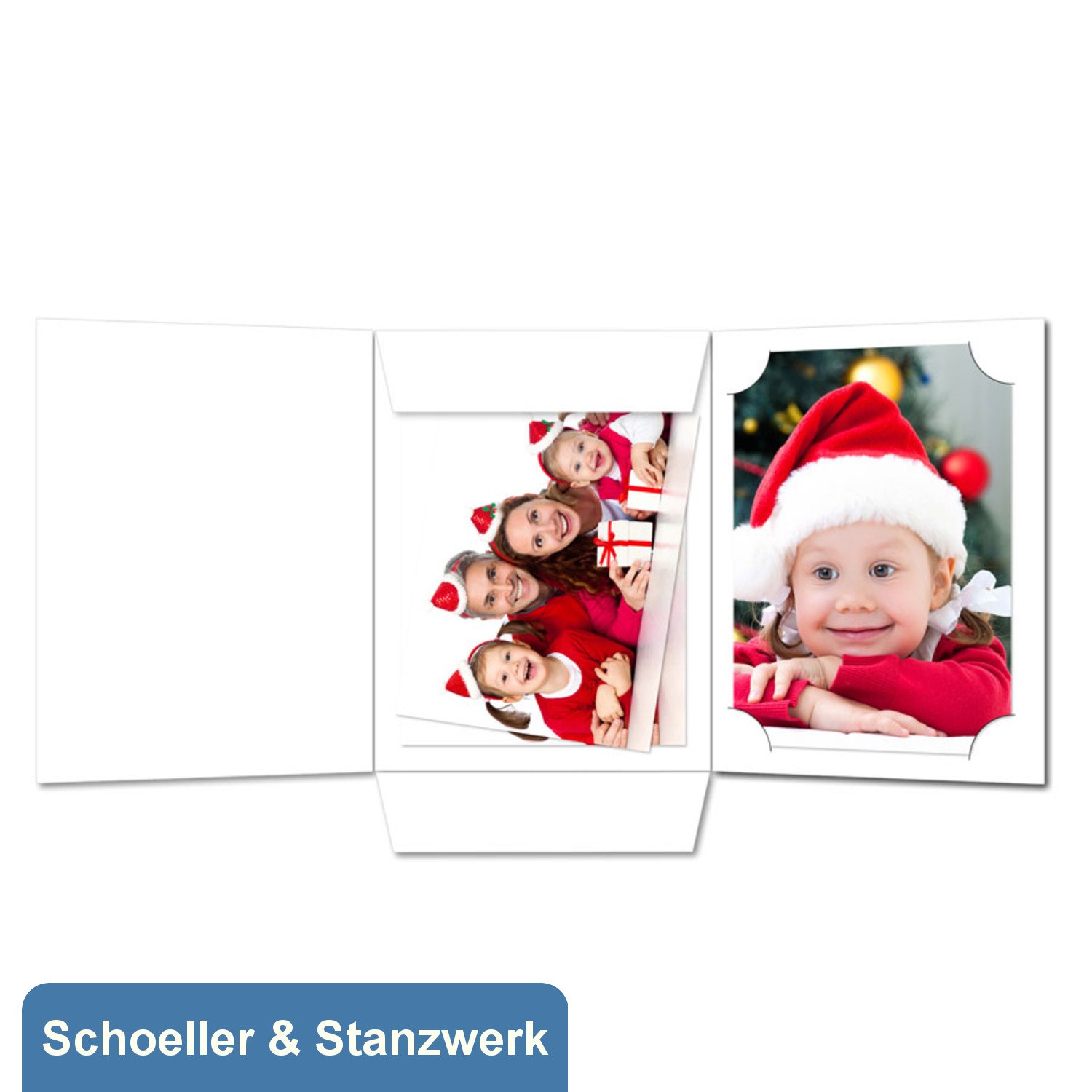 Schoeller & Stanzwerk© - 25 Stück 3-teilige Kombi-Einlegemappen mit Einsteckecken für 13x18 cm & 15x20 cm Fotos - mit farbigem Druck "internationaler Weihnachtsmann"