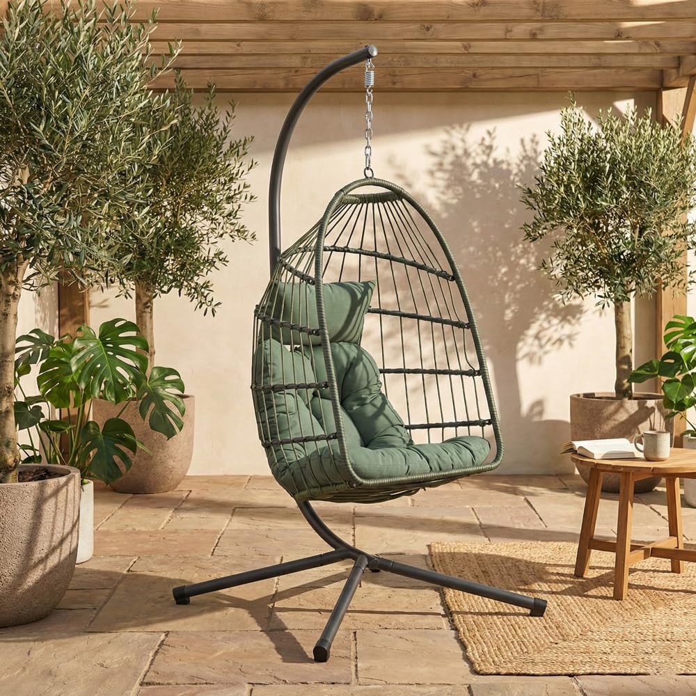 Brigros - Sedia A Dondolo Sospesa Da Esterno Modello Rawak Con Supporto A Terra In Acciaio, Poltrona Sospesa Da Giardino Pieghevole Con Corda E Cuscino Impermeabile (Verde)