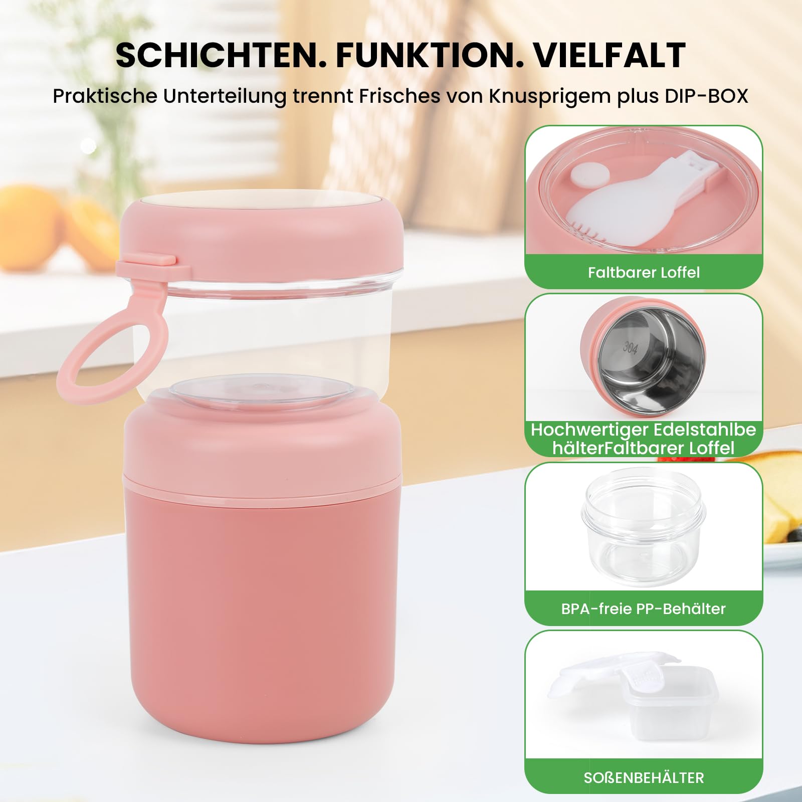 GEEKHOM Set de 2 Vasos de Cereales To Go Acero Inoxidable 530/330 ml: Con Cucharas Plegables y Salseras, Herméticos, Aislantes, Aptos Lavavajillas - Ideal para Trabajo, Escuela, Picnic (Verde + Rosa)