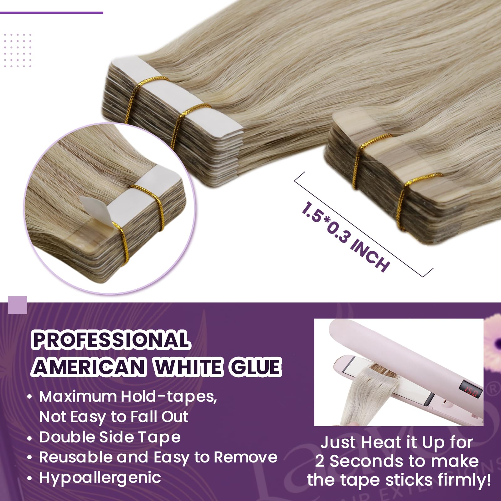 LaaVoo Tape Hair Extensions Blonde Tape in Hair Extensions Human Hair 18 Inch Invisible Tapes Remy Straight Highlight Golden Blonde Real Hair Double Sided Tabs 20pcs 50g #16/22 - Image 3