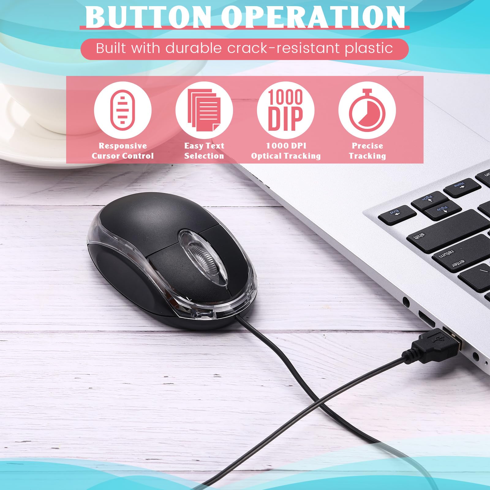 Xuhal 50 mouse USB cablato nero per computer, 1000 DPI, 3 pulsanti, per ufficio, casa, mouse ottico, compatibile con MacBook, PC, desktop e laptop