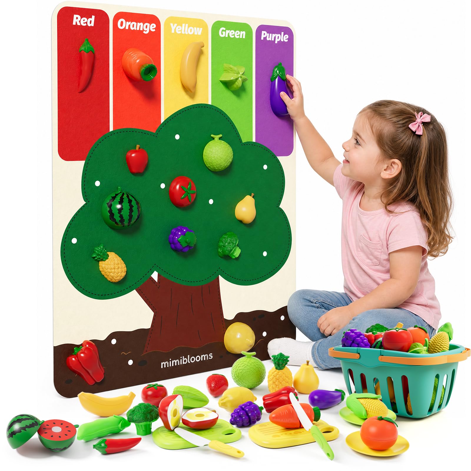 ALASOU Play Food Set with Felt Tree Mat&Storage Basket, Cutting Fruits Pretend Play Toys for Kids Kitchen Accessories, Montessori Color Sorting Playset, Preschool Gifts for Toddlers 3 4 5 6 Boys Girls