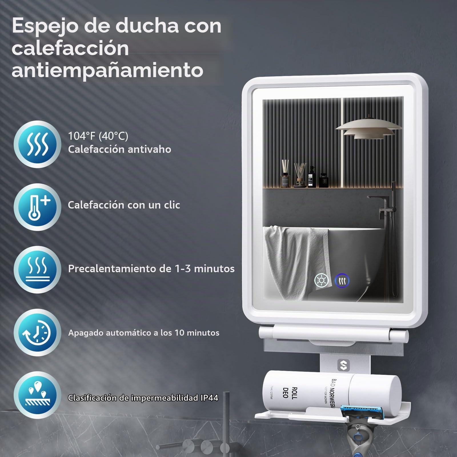 Espejo de Ducha Antivaho Calefactable，Espejo de Afeitar con Luz para Baño | 3 Colores de Luces Regulables, Espejo de Afeitado Recargable sin Niebla con Soporte para Maquinilla para Hombres