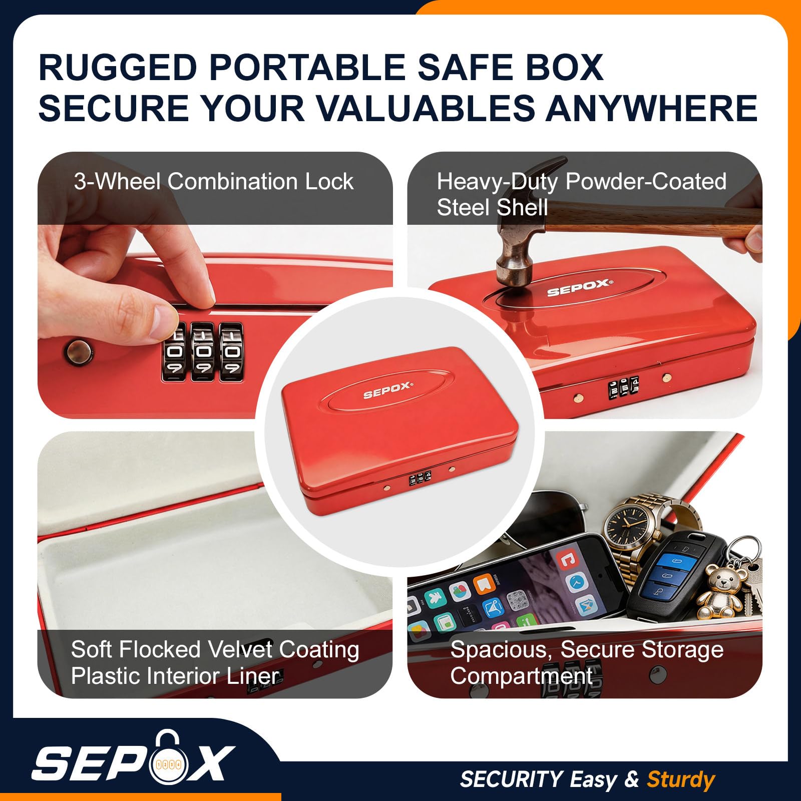 SEPOX® Twins - Cassetta di sicurezza portatile in acciaio, per piccoli oggetti, con cavo da 9 m e serratura a combinazione richiudibile, per dormitorio, auto, sport, ufficio (rosso)