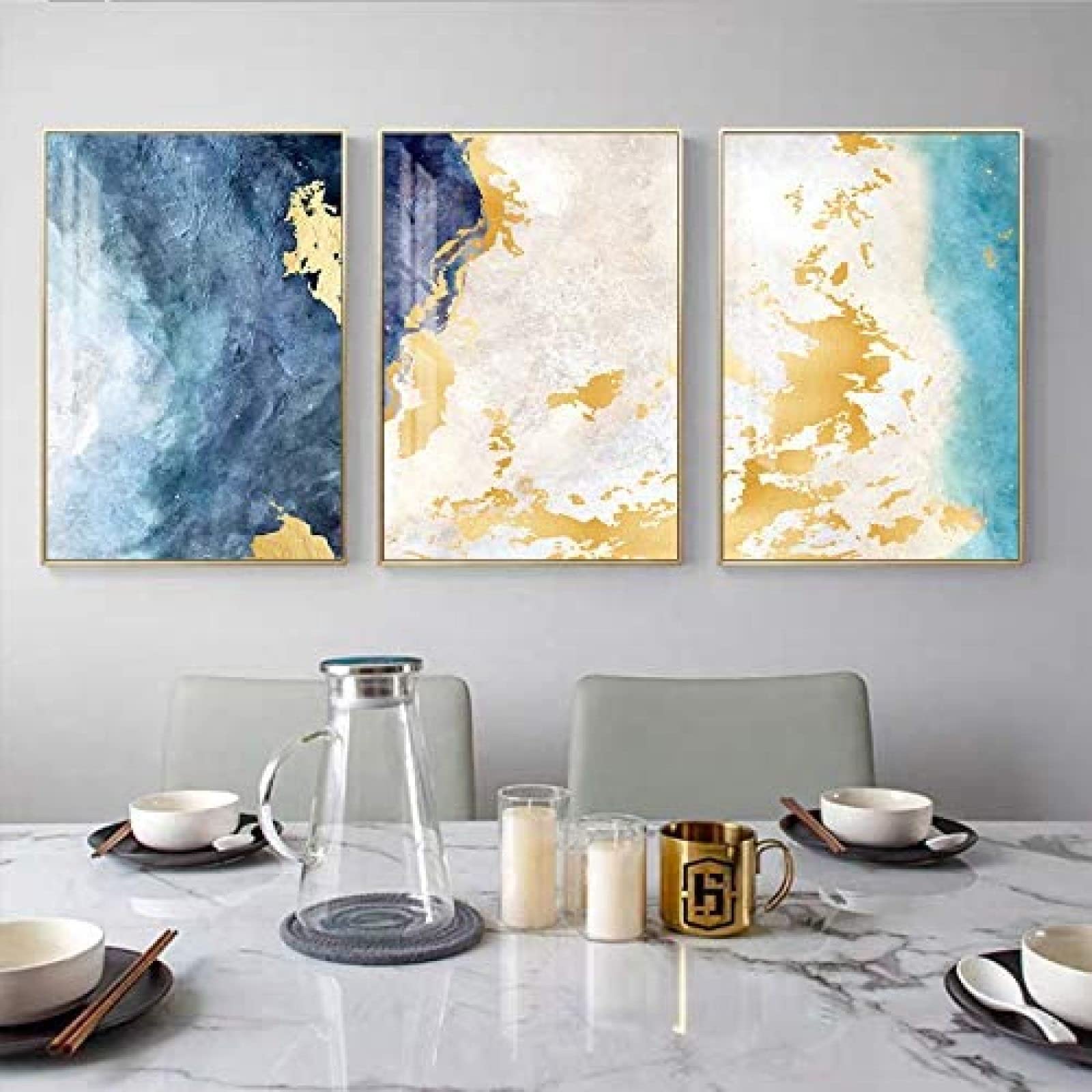 Amazon.co.jp: 抽象ゴールドネイビーブルーキャンバス絵画ウォール