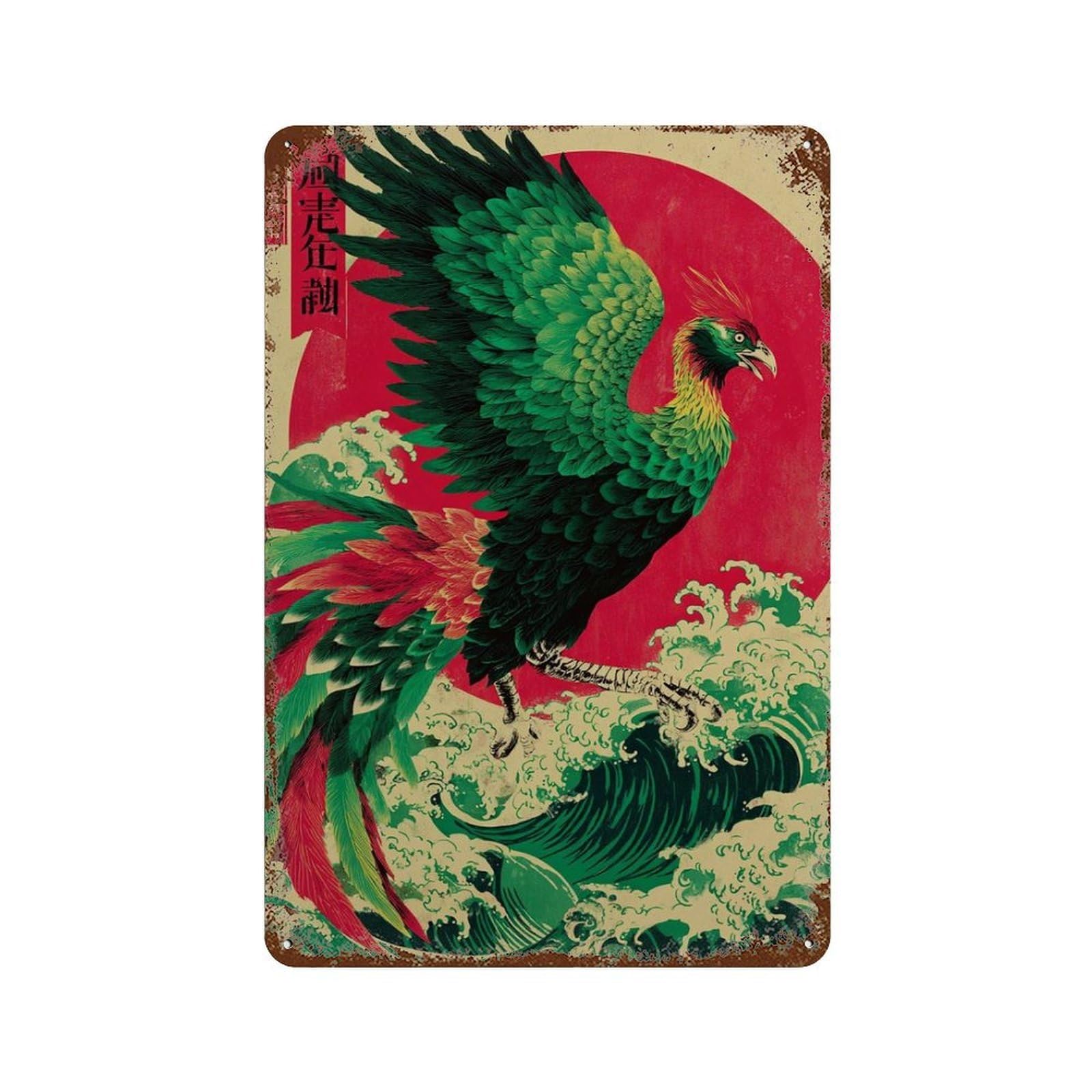 xiaoxiaoshen Phoenix Japanese Style Mythical Bird Red Sun Ocean Wall Decor Art Metal Tin Poster Modern Home Decor Art Home Bar Shop Decorations Vintage Sign 30x20cm