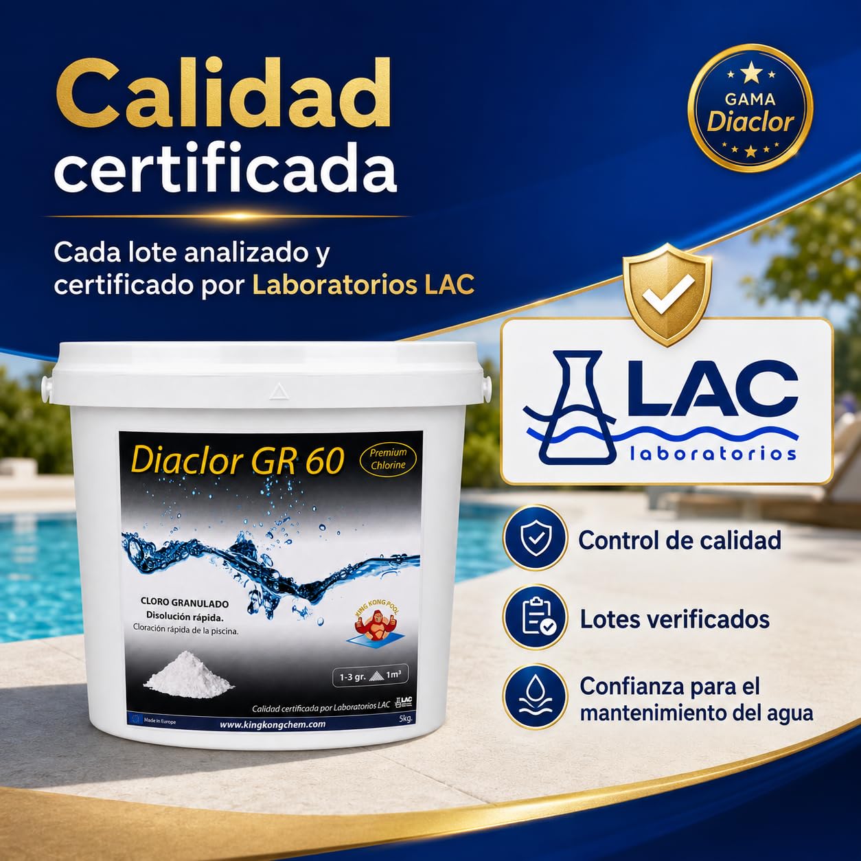 Pack 2 UDS - Cloro rápido para Piscinas DIACLOR GR 60 10 KG (2x5 KG) - Cloro granulado de disolución rápida Blanco