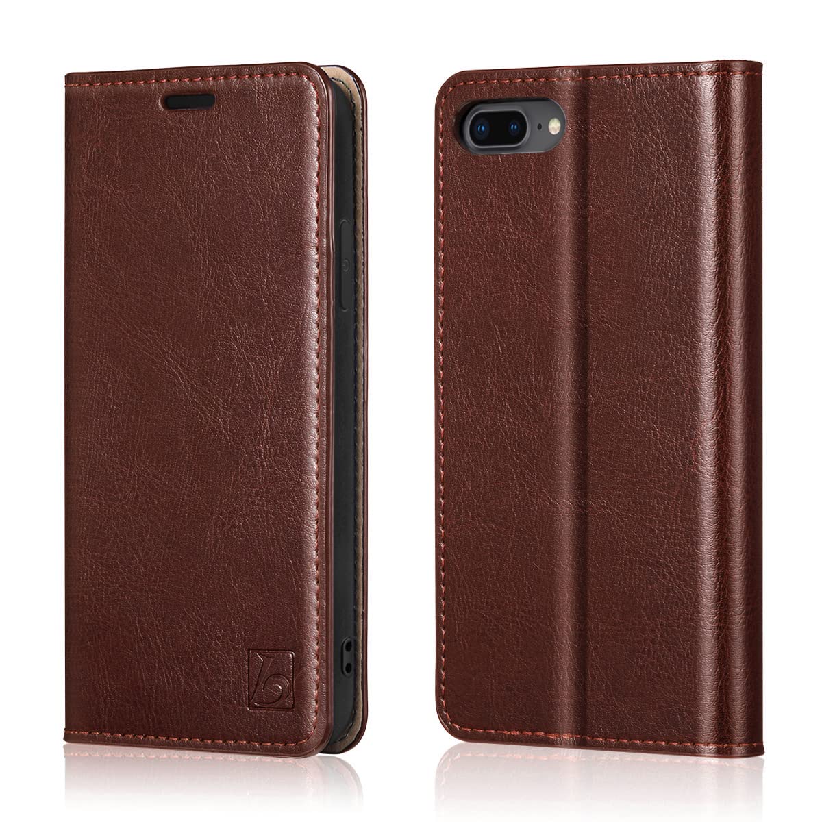 Compatible with iPhone 8 Plus Wallet Case, Genuine Cowhide Leather Flip Case Folio Cover [Soft TPU Inner Case] Card Holder Slots, Kickstand, Cash Pockets Compatible with iPhone 8 Plus, Brown