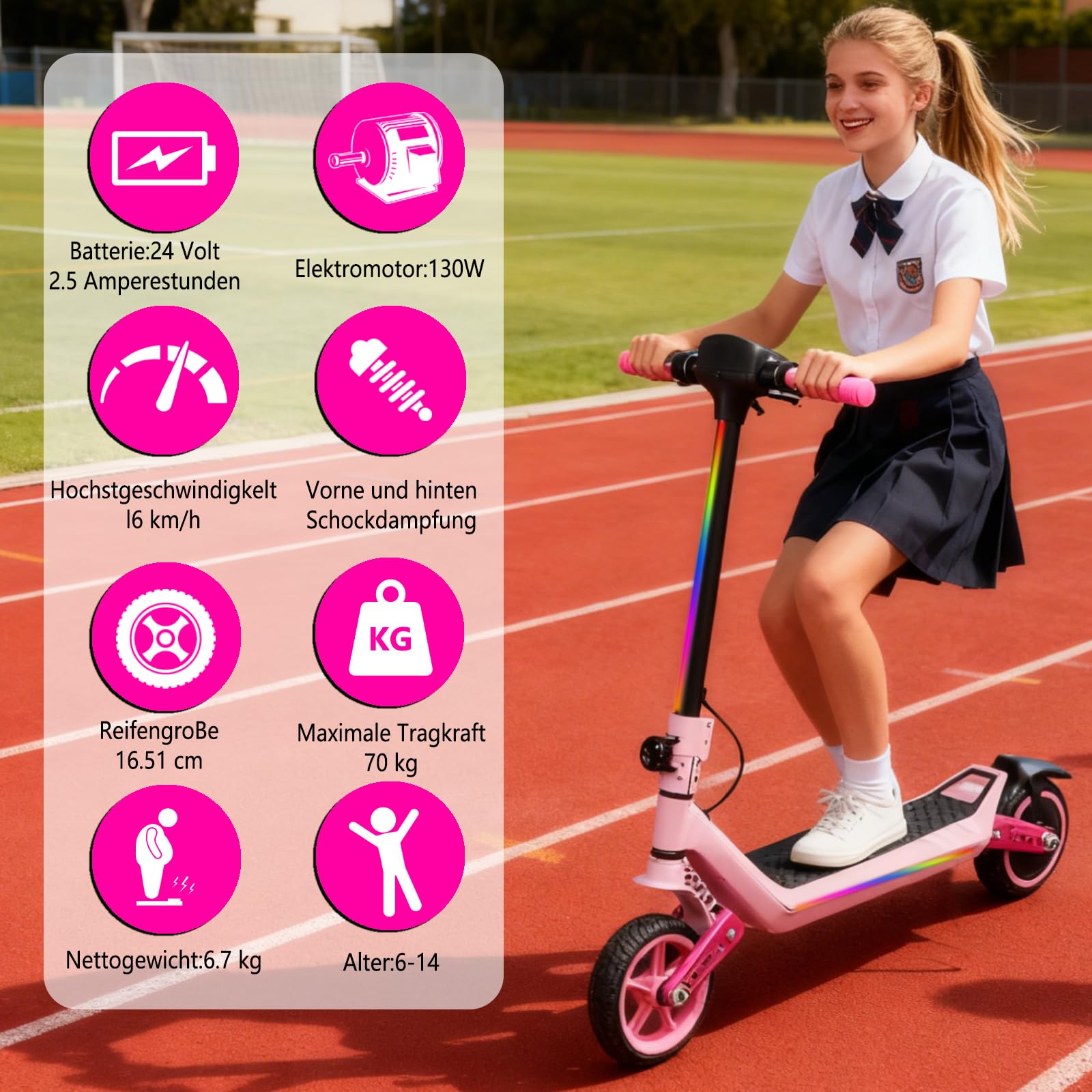 Monopattino elettrico elettrico per bambini, doppia sospensione con luci arcobaleno colorate e indicatore LED, portata 12 km, regalo per ragazzi e ragazze dai 6 anni in su (rosa)