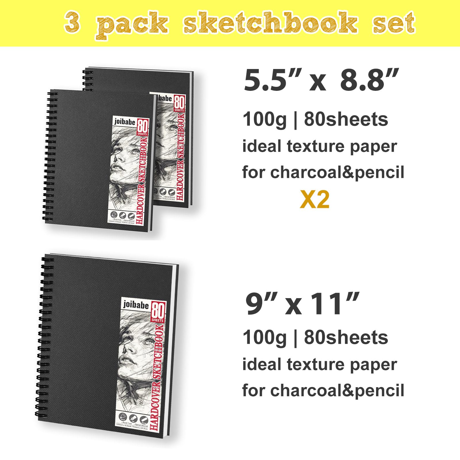 Paquete de 2 cuadernos de bocetos de tapa dura de 5.5 x 8.5 pulgadas y 1 paquete de 9 x 11 pulgadas, 3 paquetes de 80 hojas (68 libras/100 g/m²), cuaderno de bocetos de doble cara, encuadernado en