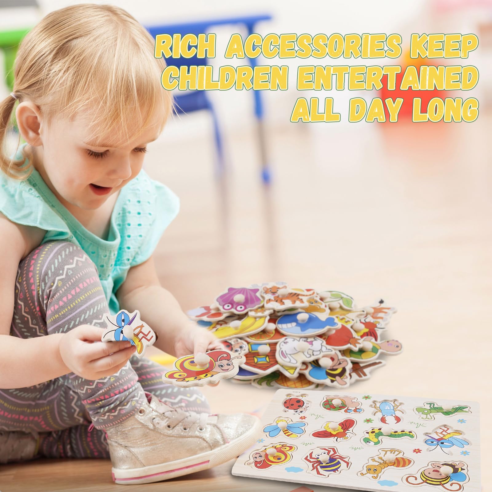 Puzzle con Bottoni in Legno per Bambini, 6 Pezzi Montessori Puzzle, Giocattolo Educativo Regalo per Bambini Ragazzi Ragazze