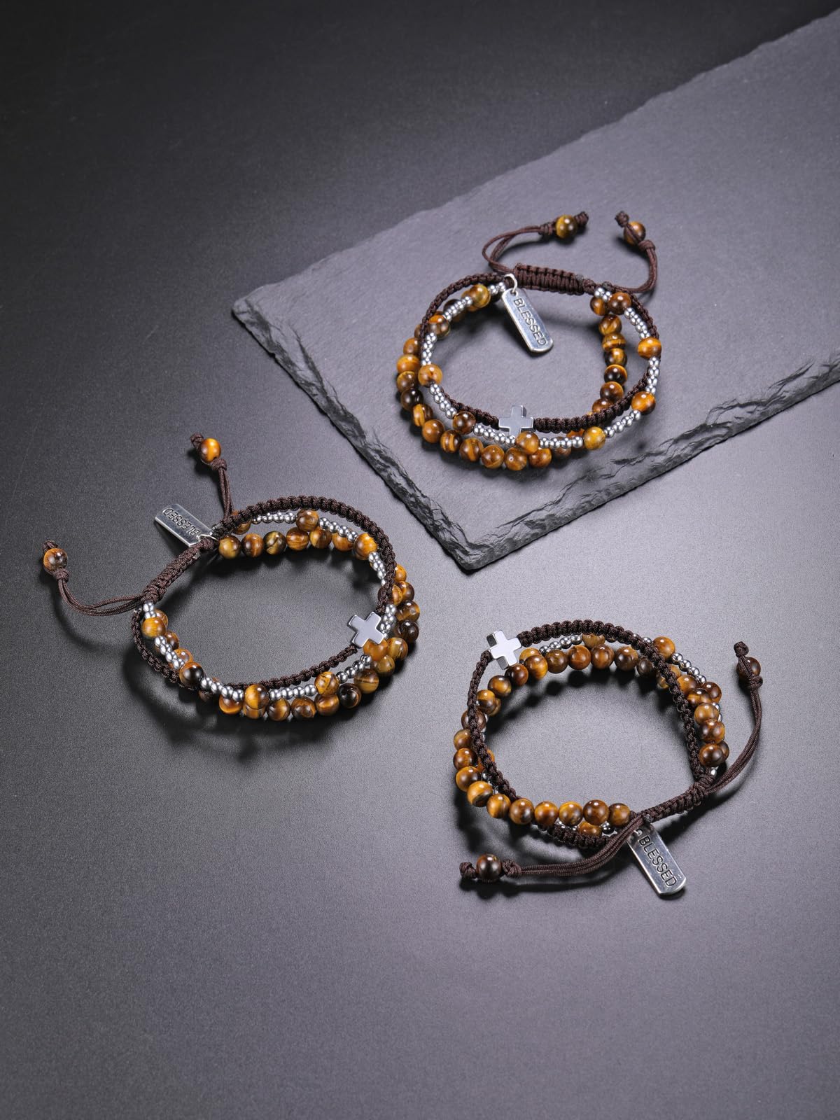 WZGWDC Herren-Armband mit Amethyst, Tigerauge, Obsidian, Kristall, Edelstein, Heilperlen, Armband für Männer, Herren-Kreuz-Armband, Schmuck, Geschenke für Männer und Frauen