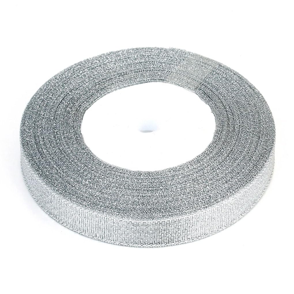 Rollo de cintas doradas y plateadas de 6 a 50 mm, cinta de satén con purpurina para manualidades, pasteles, bricolaje, decoración de boda, cinta plateada de 1,2 cm