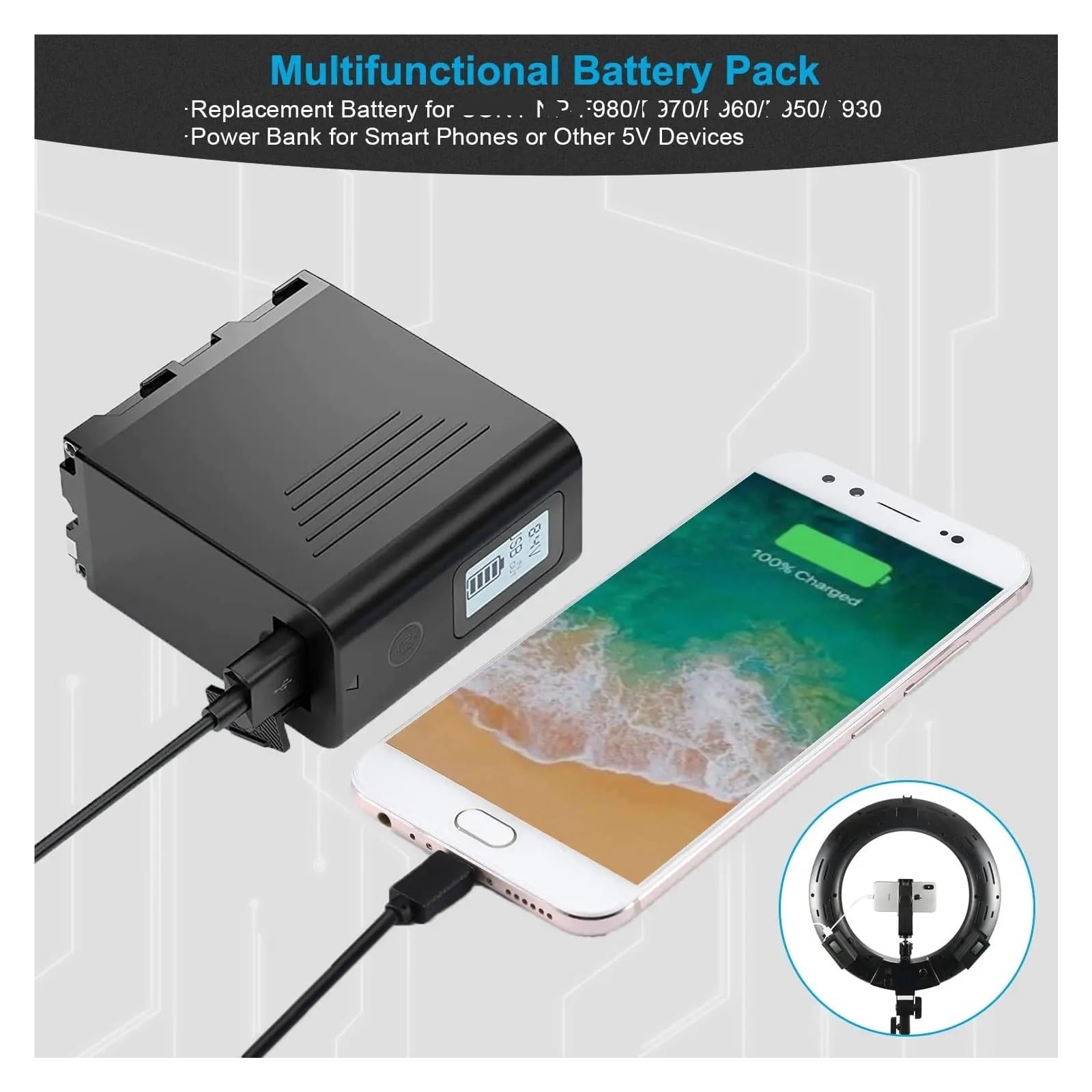 Batería For Cámara NP-F970 (Paquete De 2) con Cable Micro USB. Compatible con Sony NP-F970, NP-F975, NP-F980, NP-F960, NP-F770, NP-F750 Y NP-F550.(2Pack)