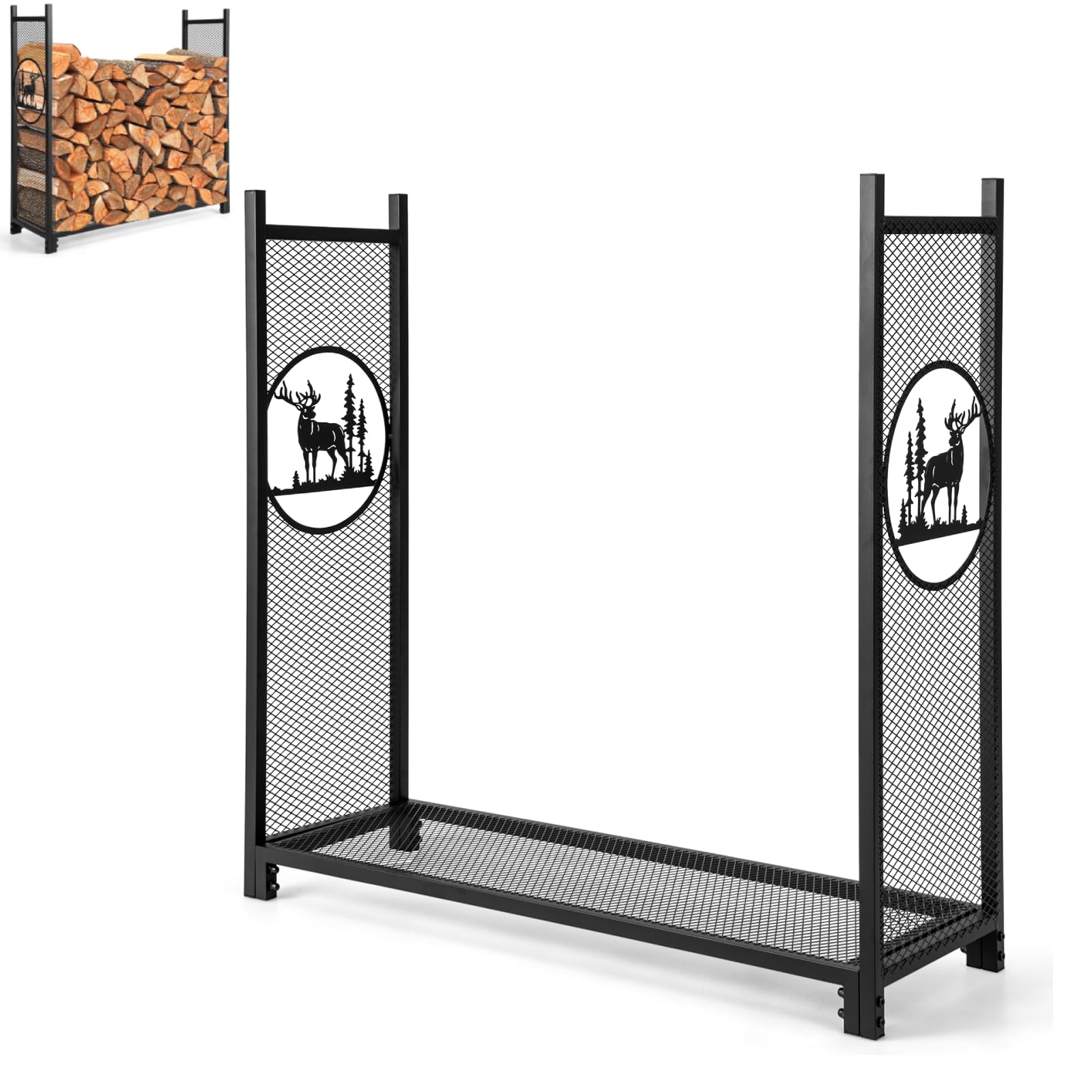 GiantexUK 4FT Firewood Rack, Metal Mesh Fireplace Log Rack with Elk Patterns & Non-slip Foot Pads, Indoor Outdoor Heavy Duty Wood Storage Shelf Stand for Patio Garden Backyard