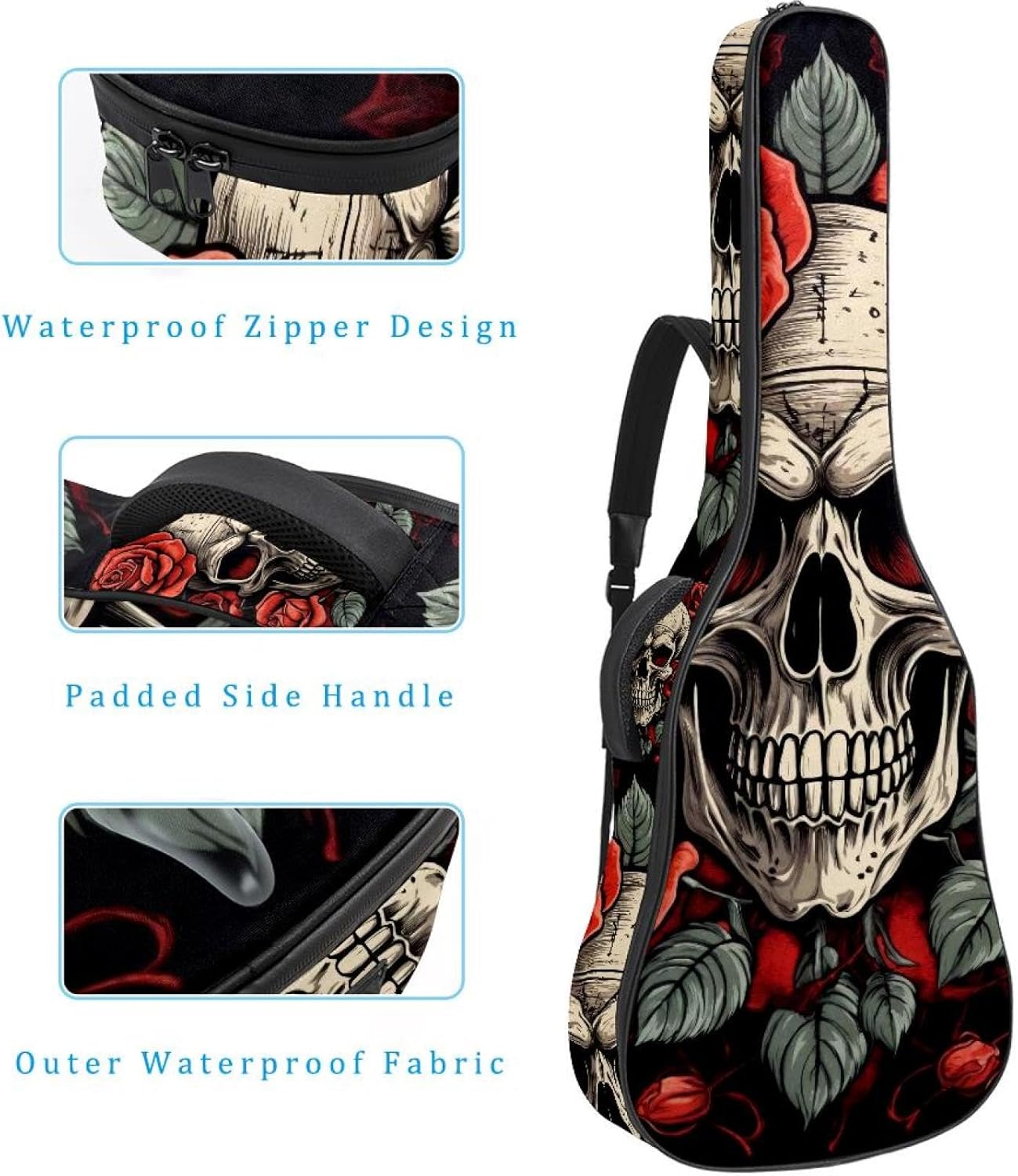 Skull and Roses on Black Background Acoustic Guitar Gig Bag, 1 cm Thick Padding Waterproof Guitar Bag Backpack for 40 41 42 Inch Electric Bass Classical Guitars