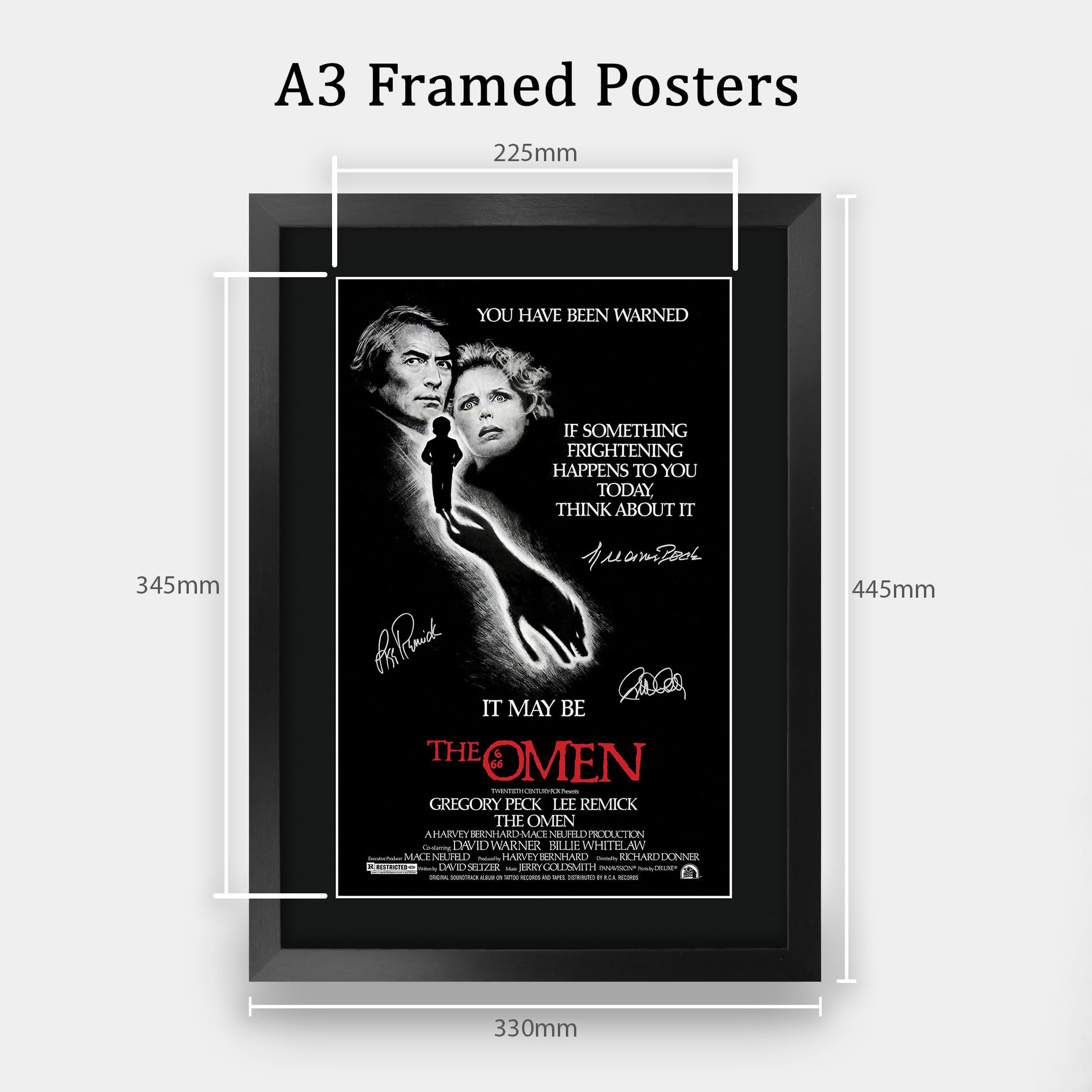 HWC Trading FR A3 The Omen (1976) Geschenke Geduckter Poster Signiertes Autogramm Foto für Fans von Film Memorabilien - A3 Gerahmt