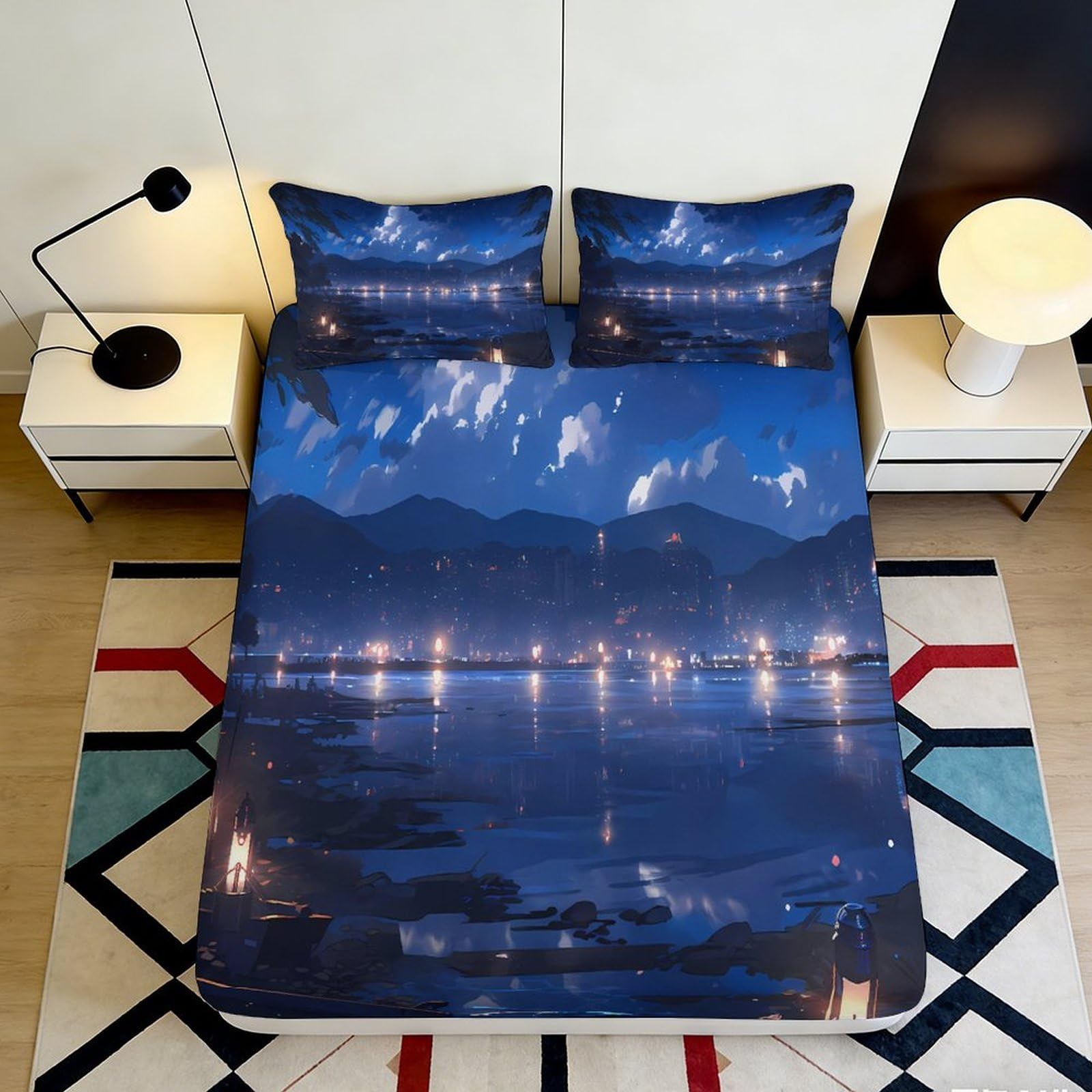 3D Printed Lake View Fitted Sheet Microfiber Deep Pocket Non-Slip Lake View Mattress Fitted Cover Home Bedding 180x200x25cm