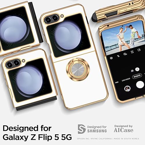 Miniatura 3 de AICase Funda para Samsung Galaxy Z Flip 5 [soporte magnético con anillo de 360°] Lujo galvanizado parachoques femenino lindo lado suave delgado