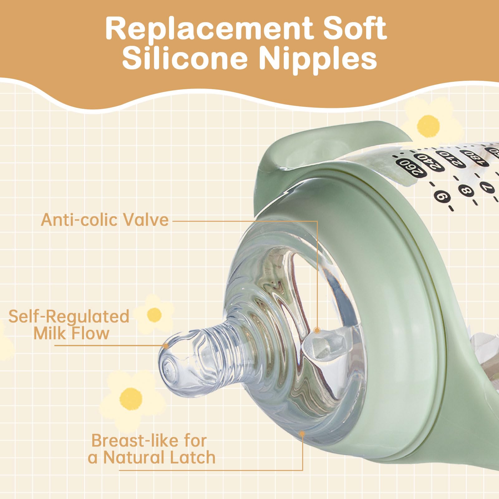 4 Pack Bottle Nipples Compatible with Tommee Tippee Natural Bottle, Replacement Soft Silicone Nipples, Breast-Like with Anti-Colic Valve (S, Slow Flow)