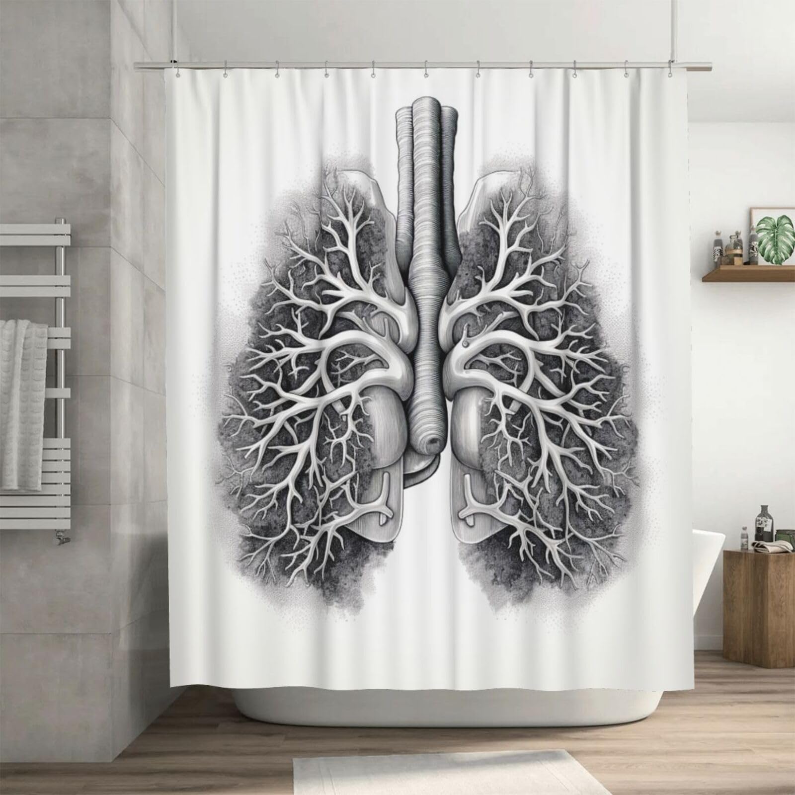 Rideau de douche 182x182 cm étanche épais avec motif artistique poumons et crochets
