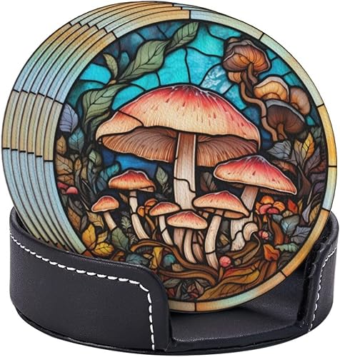 Posavasos de hongos para bebidas, decoración de hongos, posavasos de bar para mesa de café, posavasos de cuero para taza de café, juego de 6 con