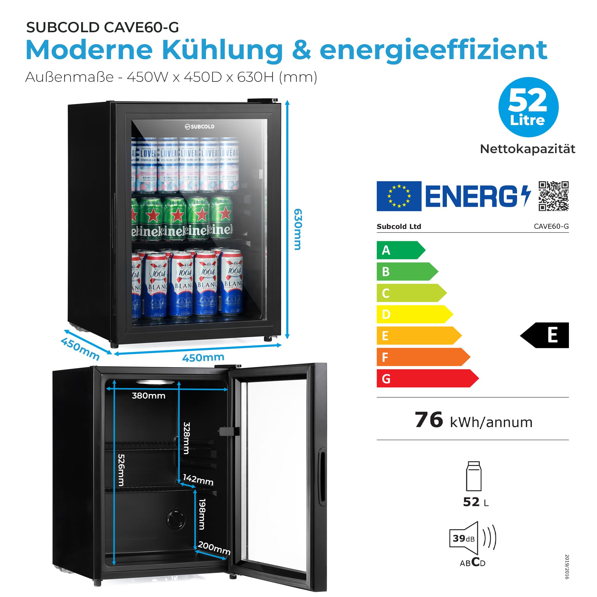 Subcold Cave60 Getränkekühlschrank 54L für 50 Dosen | Bierkühlschrank mit Glastür und LED-Beleuchtung | Mini Kühlschrank für Hausbar, Büro & Minibar