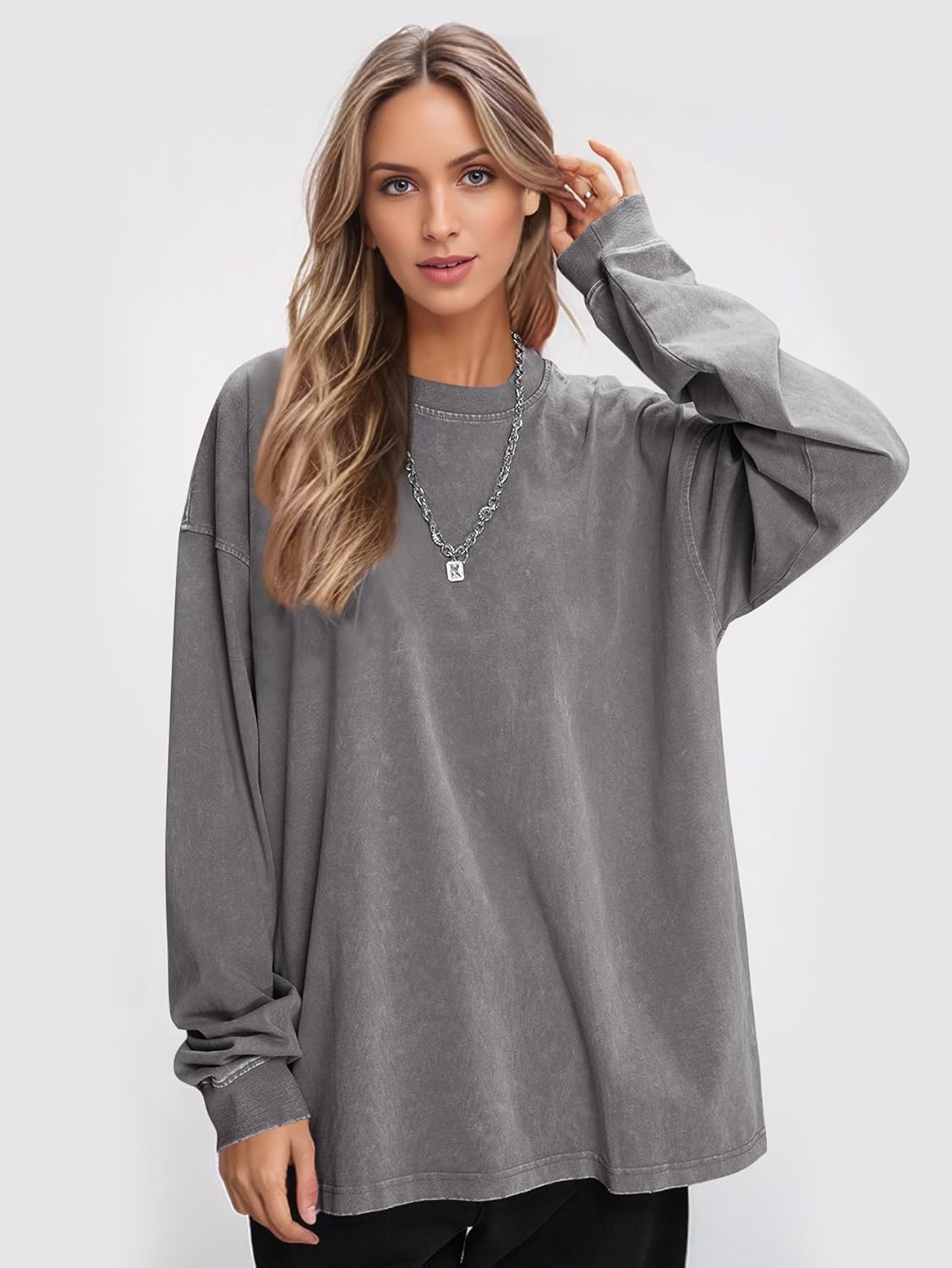 YKR Women's Oversized T Shirt 3 Pack Long Sleeve Acid Wash Vintage Sweatshirt Streetwear Heavy Weight Cotton Unisex Tops - Image 5