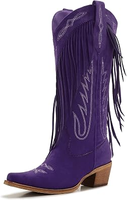 ZXHYZLZ Women's Fringe Western Cowboy Boots Black Knee High Cowgirl Boots with Embroidery, Low Heel & Suede Look Festival Rodeo Style