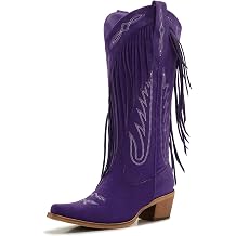 ZXHYZLZ Womens Fringe Western Cowboy Boots Black Knee High Cowgirl Boots with Embroidery, Low Heel & Suede Look Festival Rodeo Style
