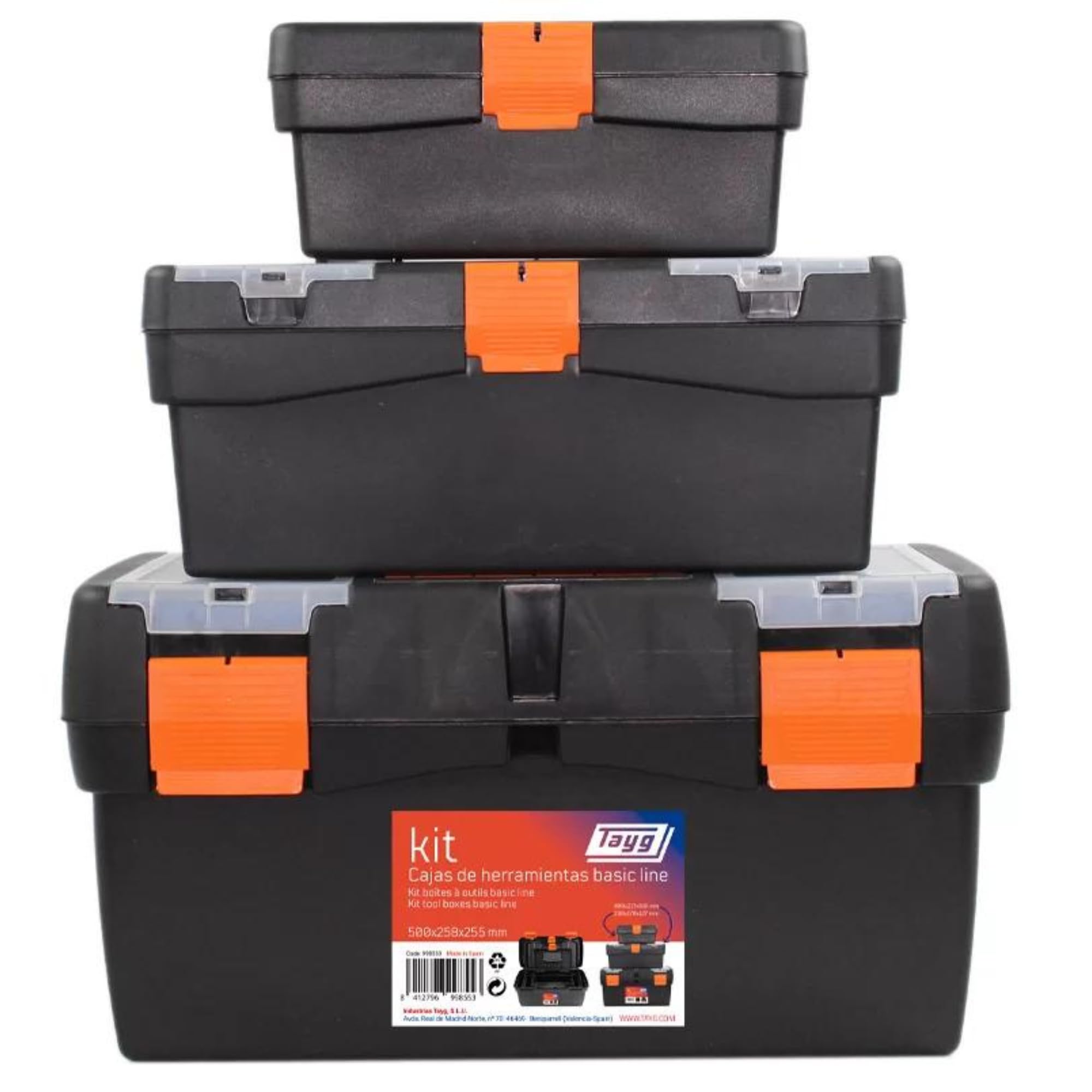 Tayg Pack 3 Cajas Herramientas Basic Line 12” + 16” + 20” - Soporta hasta 120 kg, Cierres de Plástico, Caja Herramientas Vacia, Polipropileno 100% Reciclado