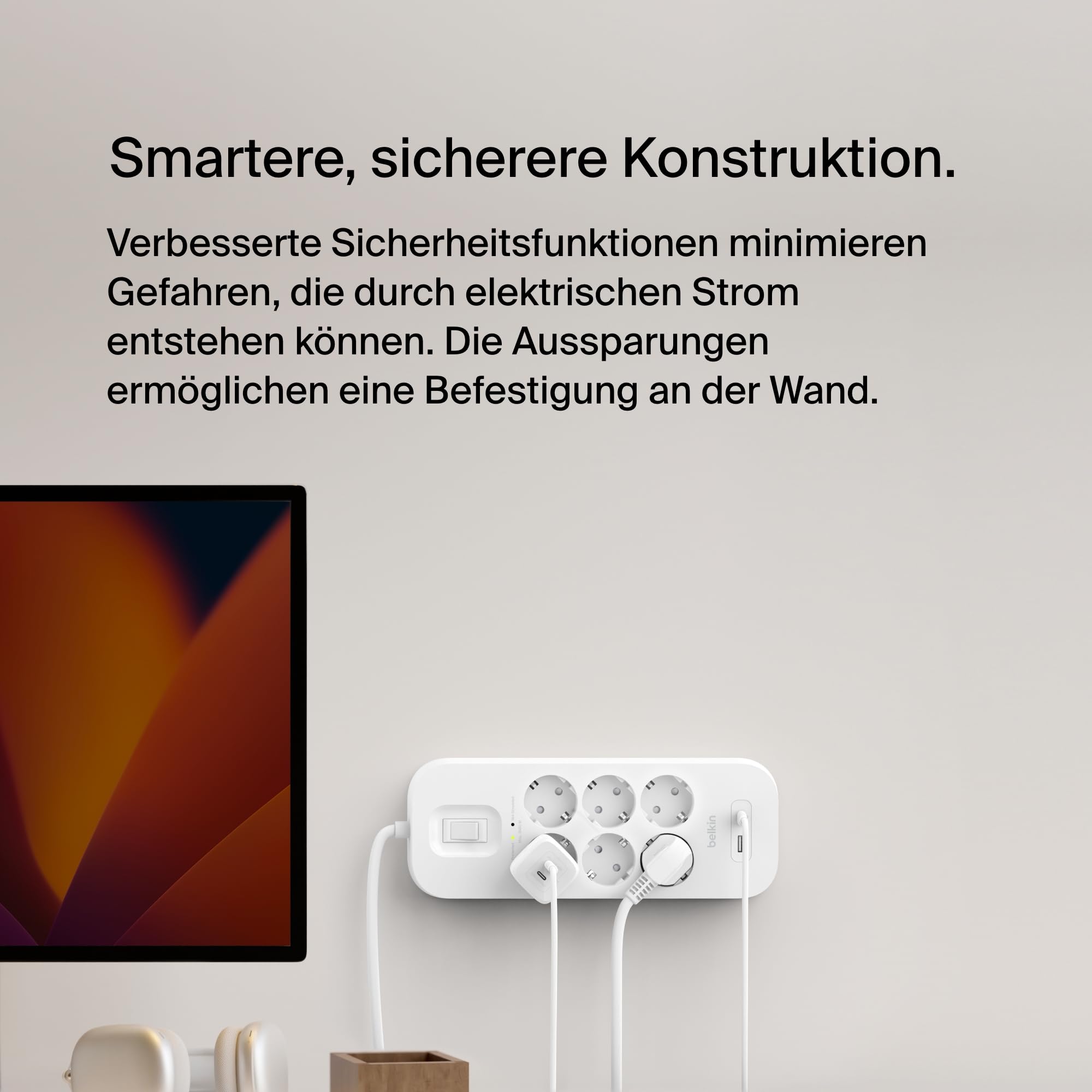 Belkin 6-Fach Steckdosenleiste, Überspannungsschutz, USB-C, USB-A, 2m-Kabel | Verlängerungskabel mit USB-C- + USB-A-Ports, Wandmontage, Mehrfachsteckdose 6fach, 2-m-Netzkabel, 650 J, Kontrollleuchte