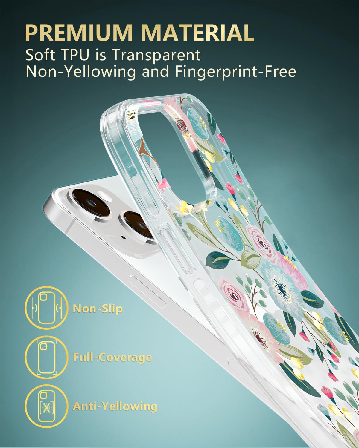 Scorpify Funda para iPhone 15, diseño floral de hibisco, bonita funda de teléfono transparente con flores para mujeres y niñas [protección contra caídas de grado militar de 10 pies] [no amarillea]