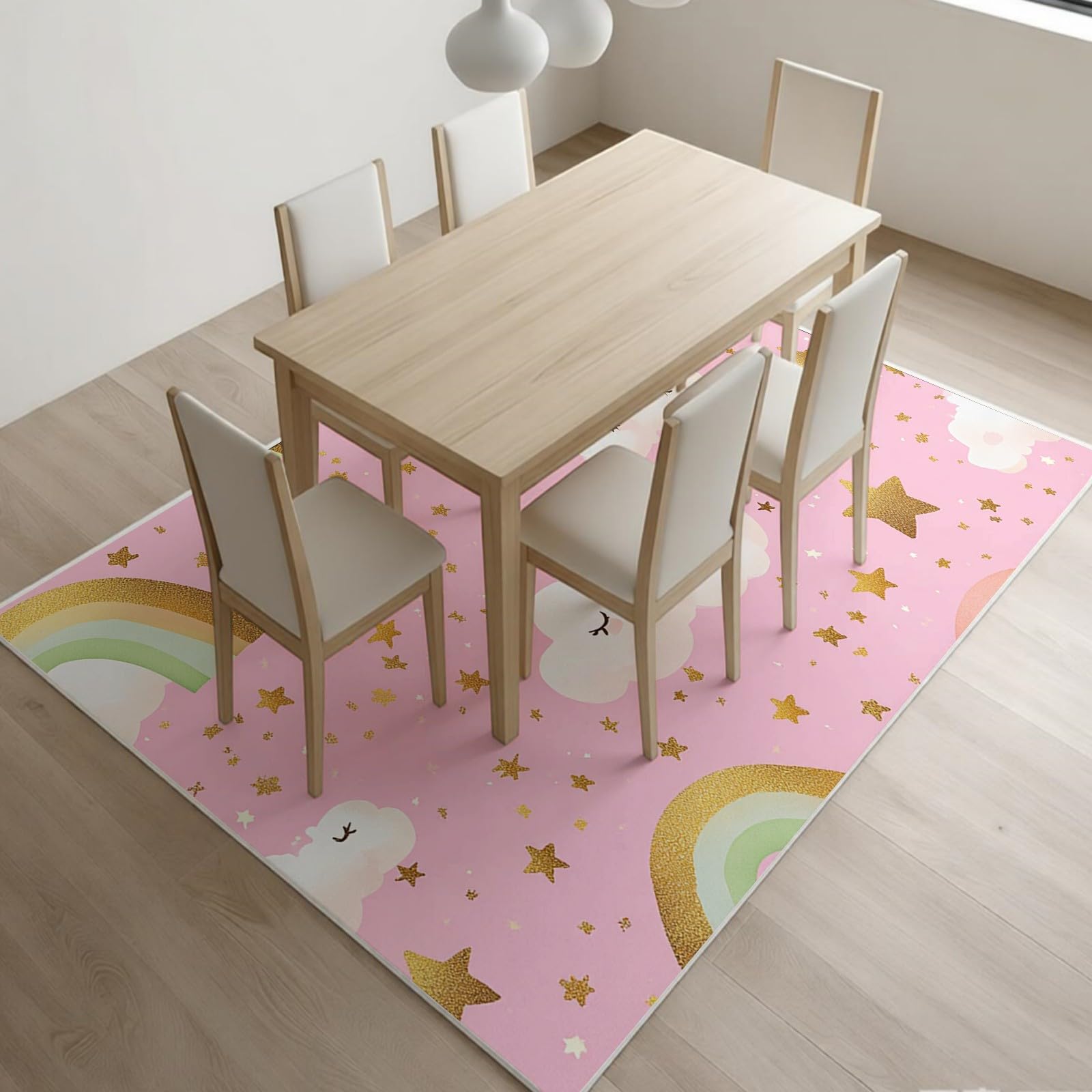 Großer Teppich 120x180 cm Sterne und Wolken Kurzflor Teppich Waschbar Kurzflor rutschfest Rosa für Kinderzimmer Esszimmer und Büro