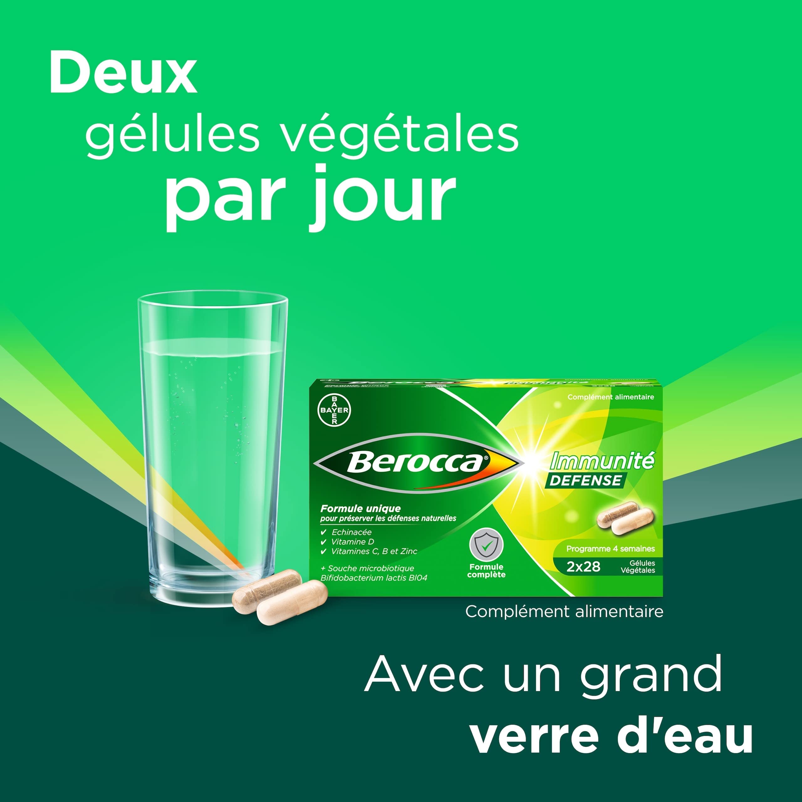 Berocca® Immunité Défense - Préparez vos défenses naturelles - Echinacée, Vitamine D, Vitamine C, et Zinc - Souche microbiotique- Complément alimentaire - 112 comprimés (4x28) - Fabriqué en France
