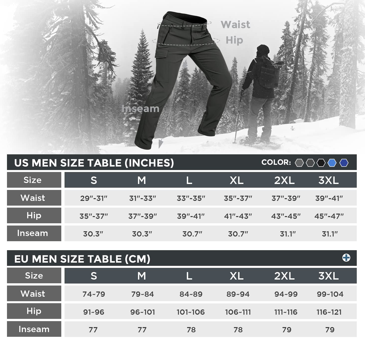 Wespernow Pantaloni Trekking Uomo Impermeabile Pantaloni da Lavoro Outdoor Pantaloni Neve Softshell per Trekking e Sport all'aperto | Pantaloni da neve impermeabili e antivento, foderati, con 4 tasche con cerniera, per escursioni invernali e snowboard